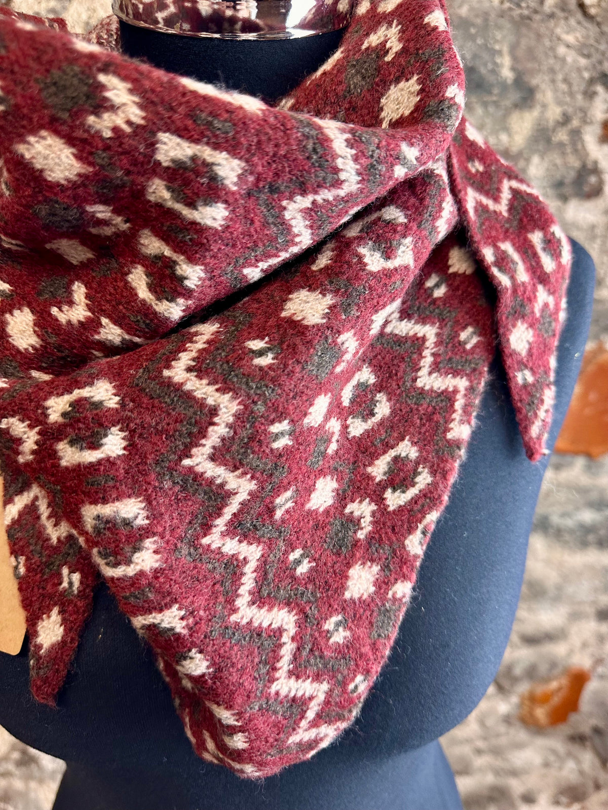 Nordic fair isle burgundy triangle knit scarf