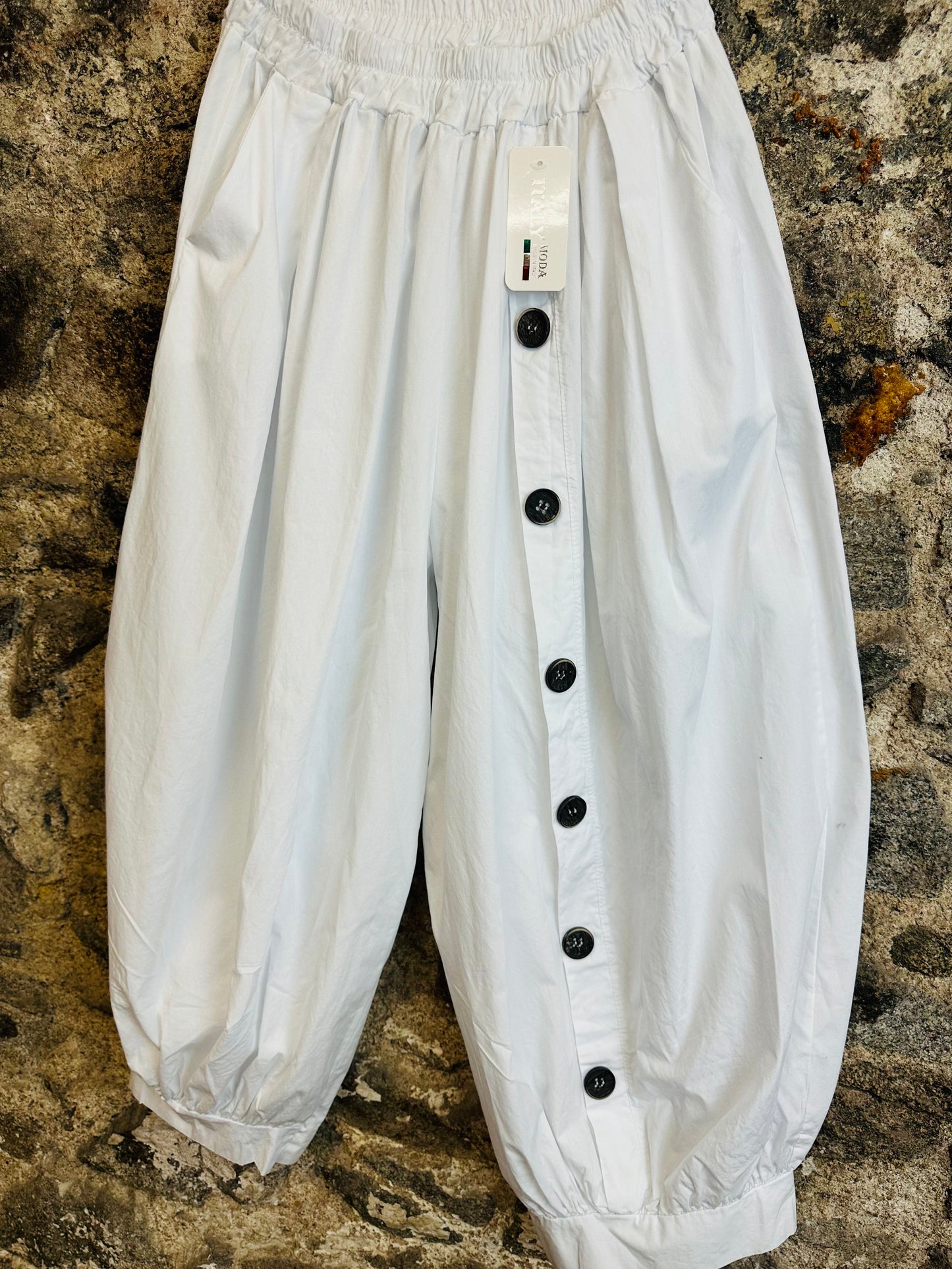 “Charlotte “ white cotton Italian button trousers