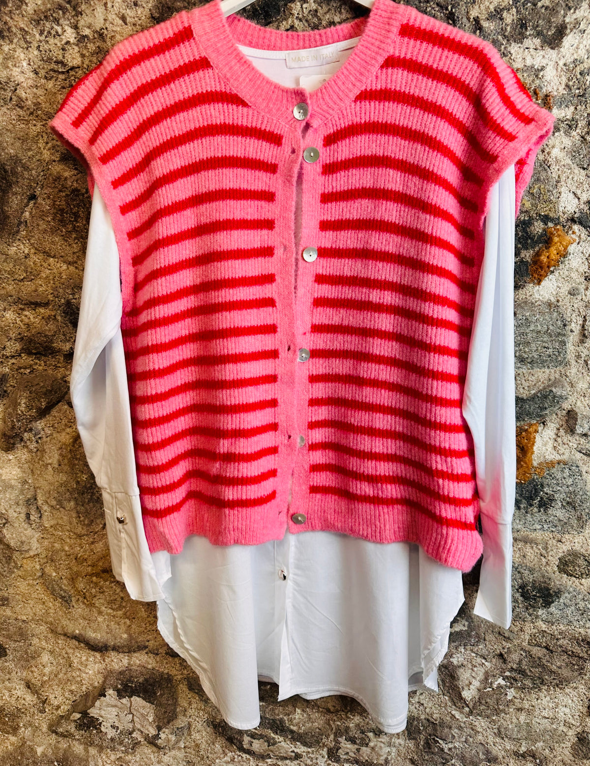 “Jessie “ red and pink stripe Italian knit waistcoat