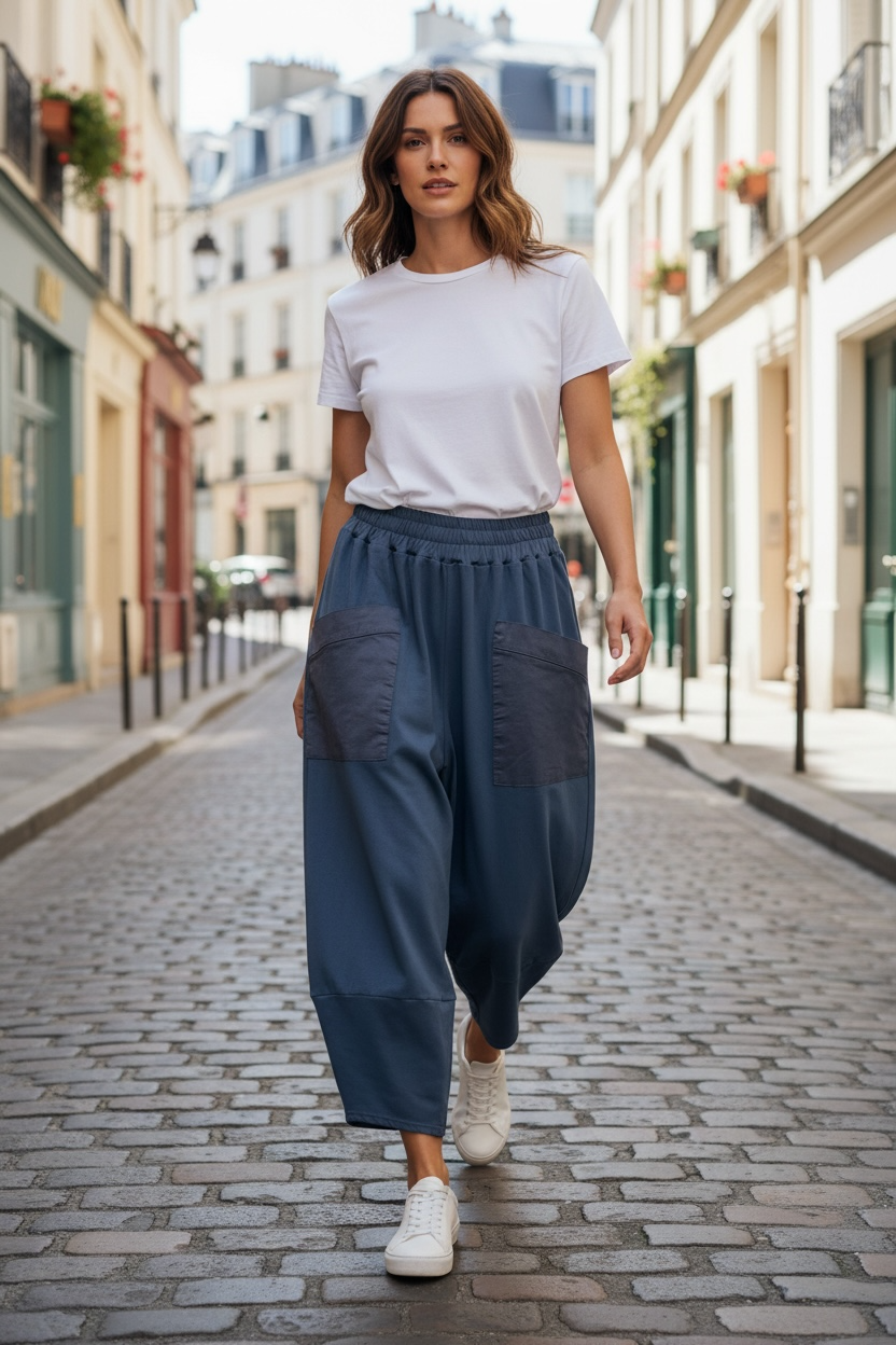 “Chrissie” indigo navy Italian cotton and jersey cocoon pants