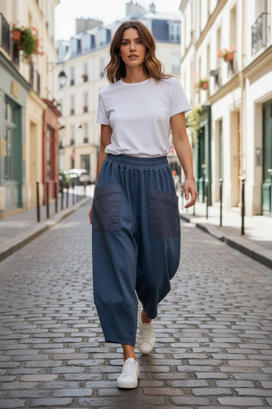 “Chrissie” indigo navy Italian cotton and jersey cocoon pants