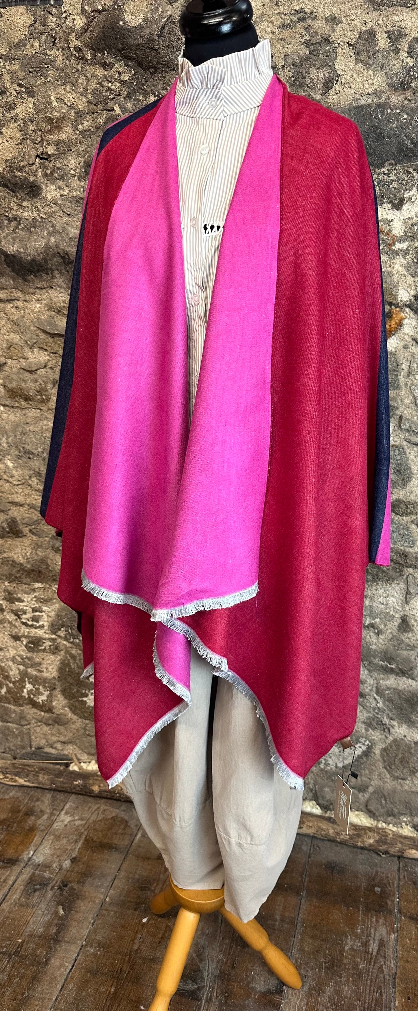 “Sara” colour block cerise /rasberry and navy cape