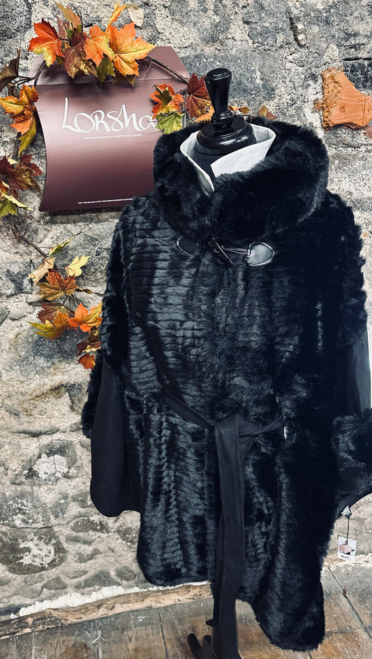 “Regina “ Ebony suedette coat cape with vegan fur