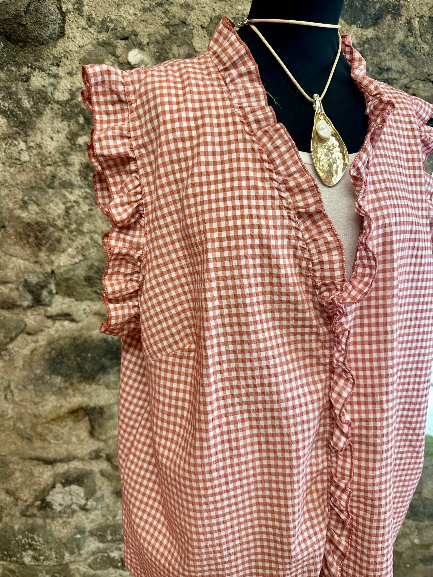 “Rosie” terracotta and white gingham ruffle top