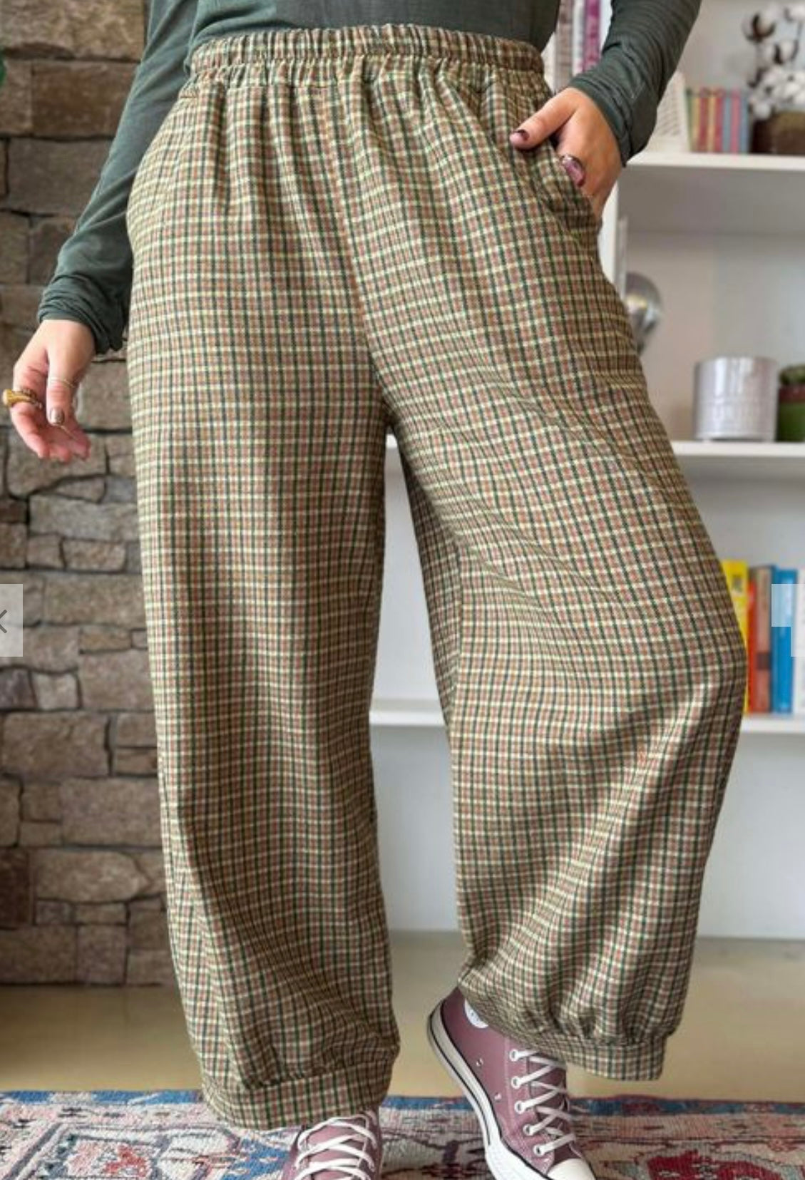 “Francesca “  brushed cotton olive plaid cuffed trouser