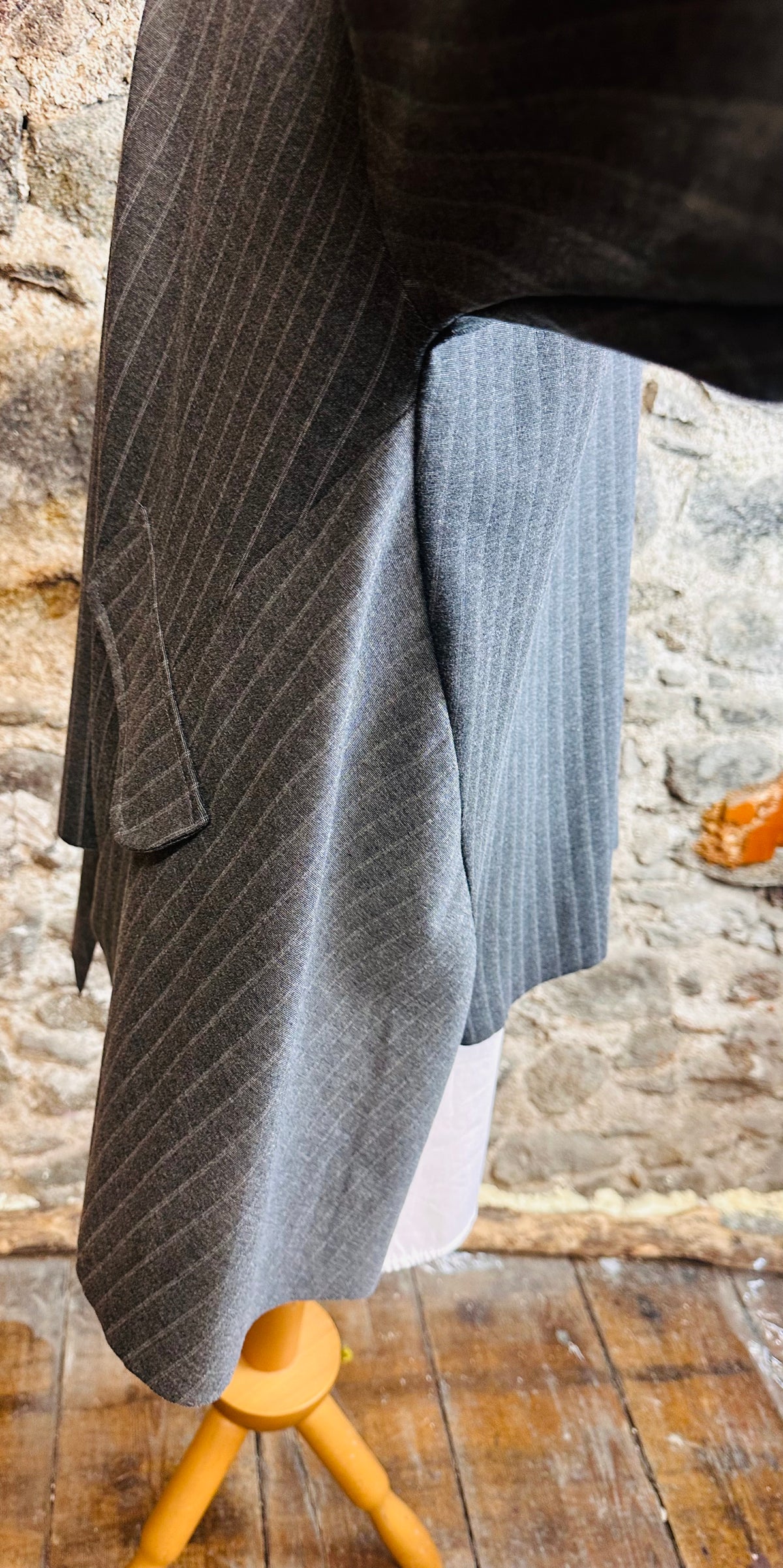 “Sandi” charcoal Italian pinstripe asymmetric tunic