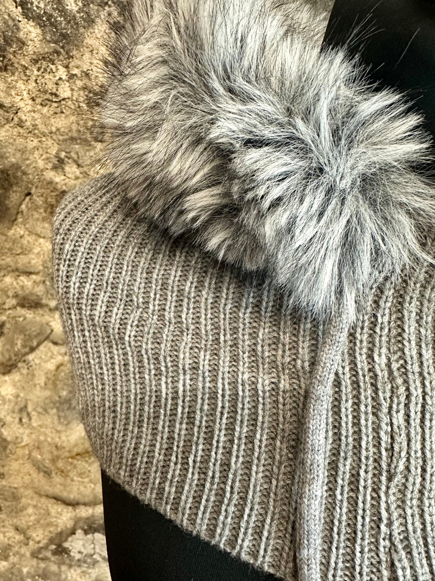“Jessie “ vegan  fur trim snood hood ..dove grey