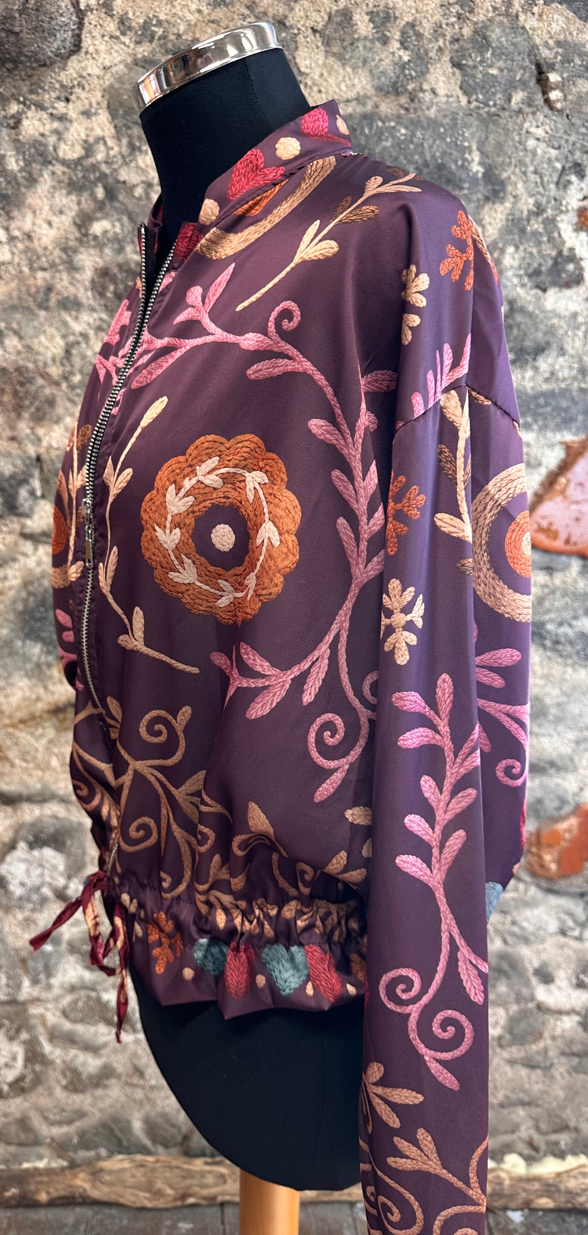 “Ellis “ plum Poly silk light print Italian bomber jacket