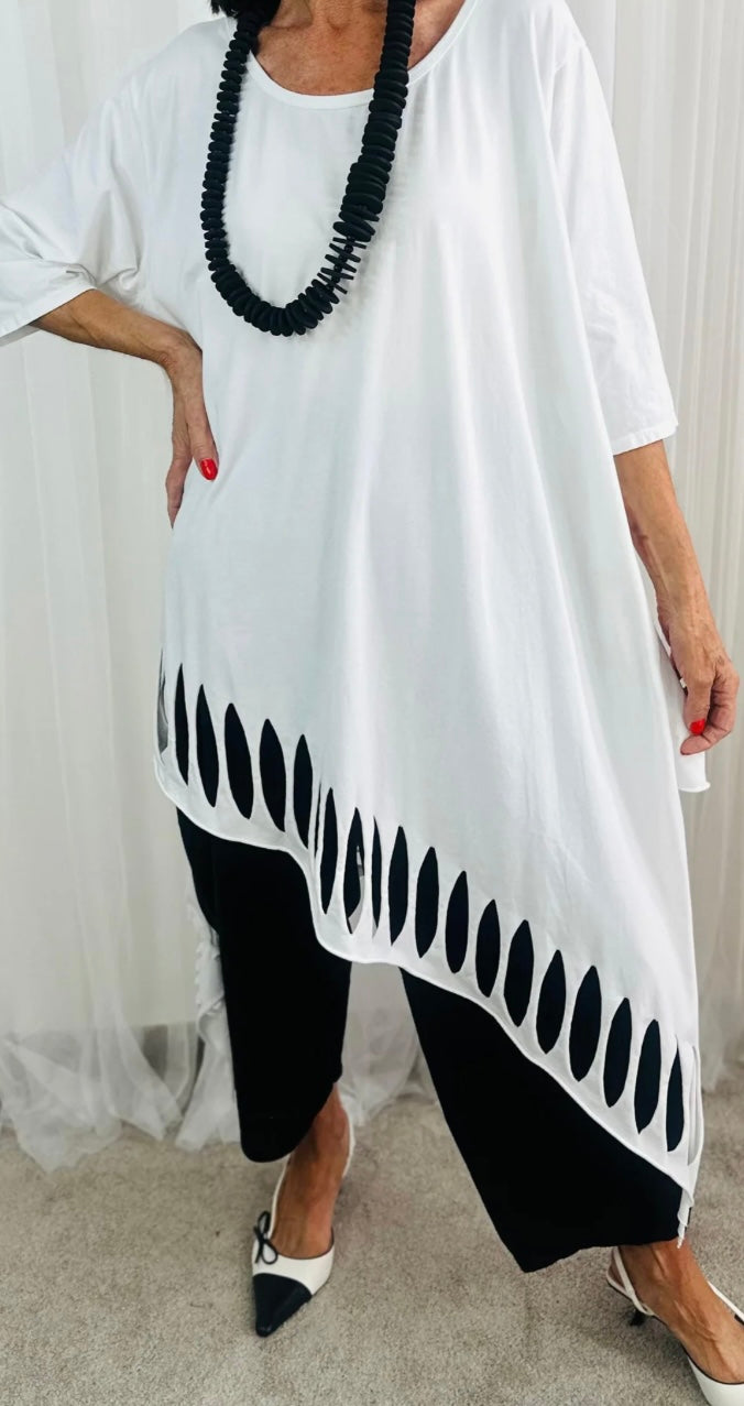 “Isabella “ white lazer cut detail asymmetric tunic