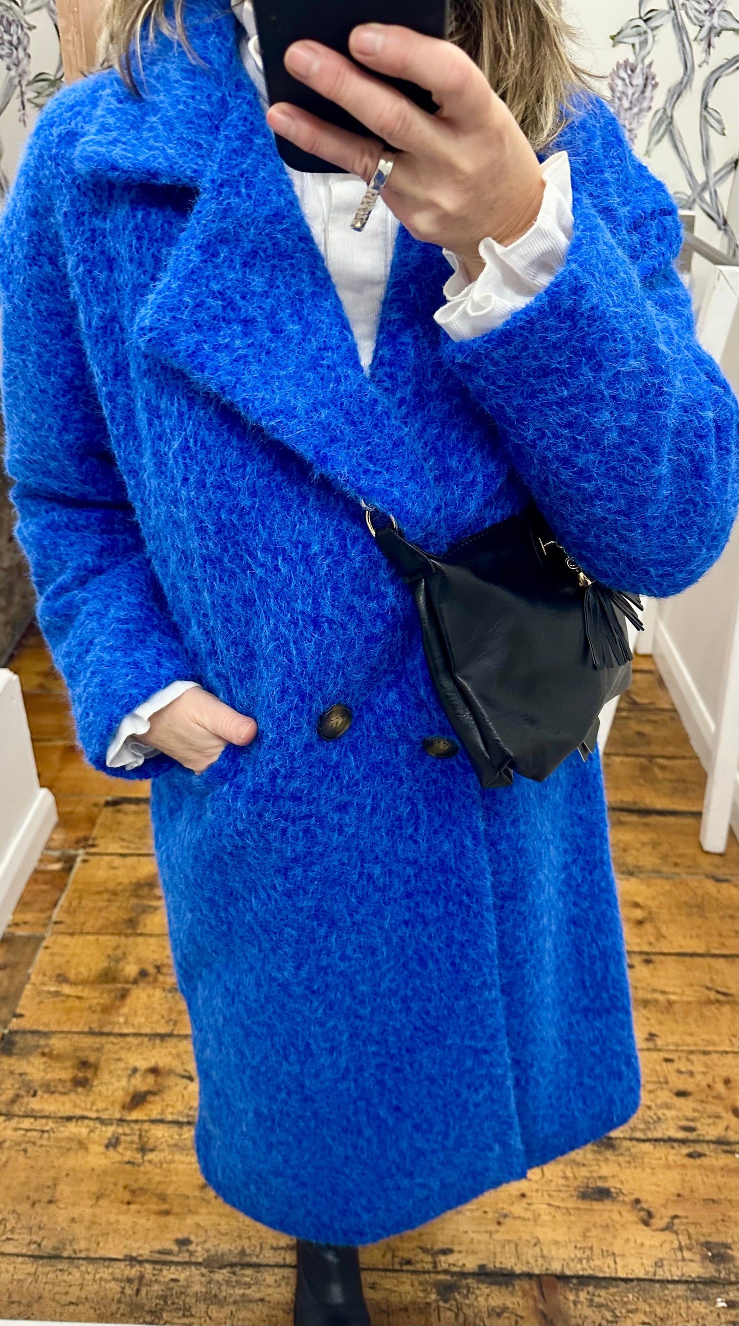 “Harriet “ italian royal blue boucle cosey trench coat