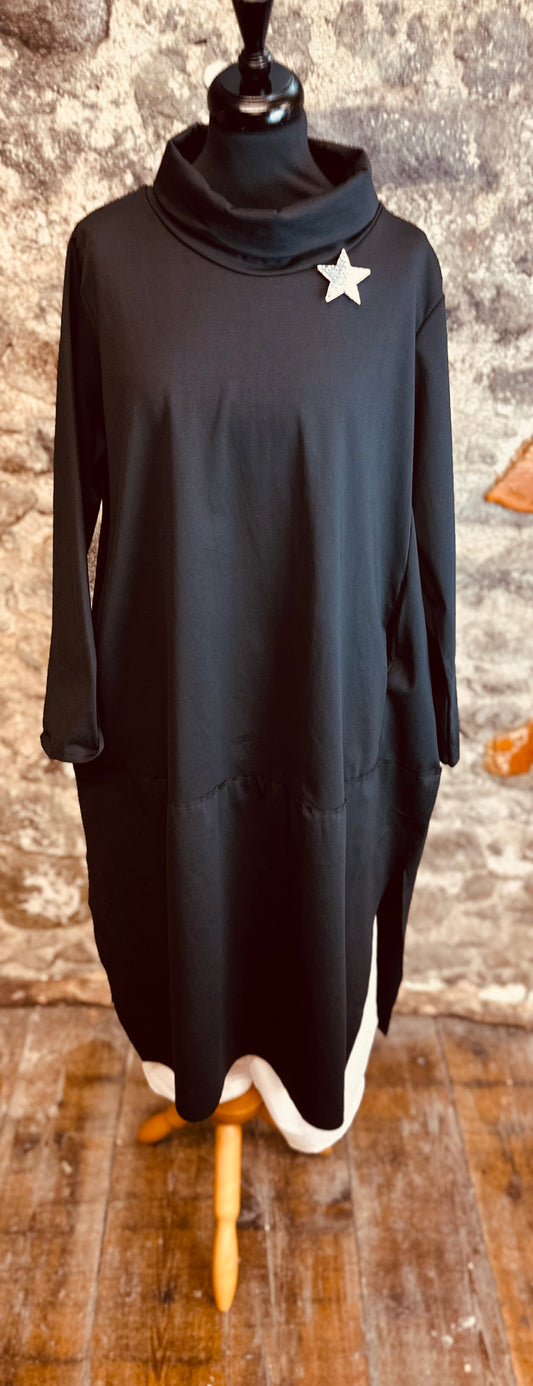 “Mandi “ ebony black Italian hi funnel neck tunic