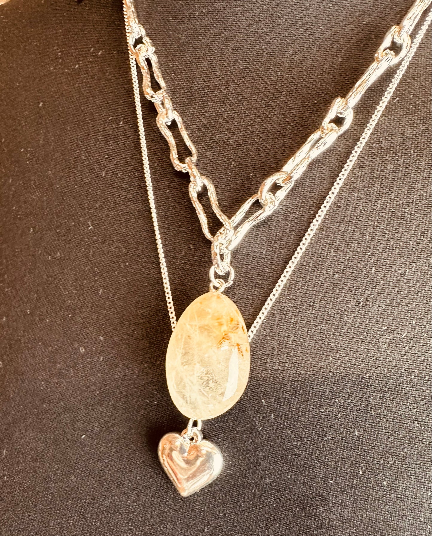 Multi chain gold stone and heart neckpiece silver plated