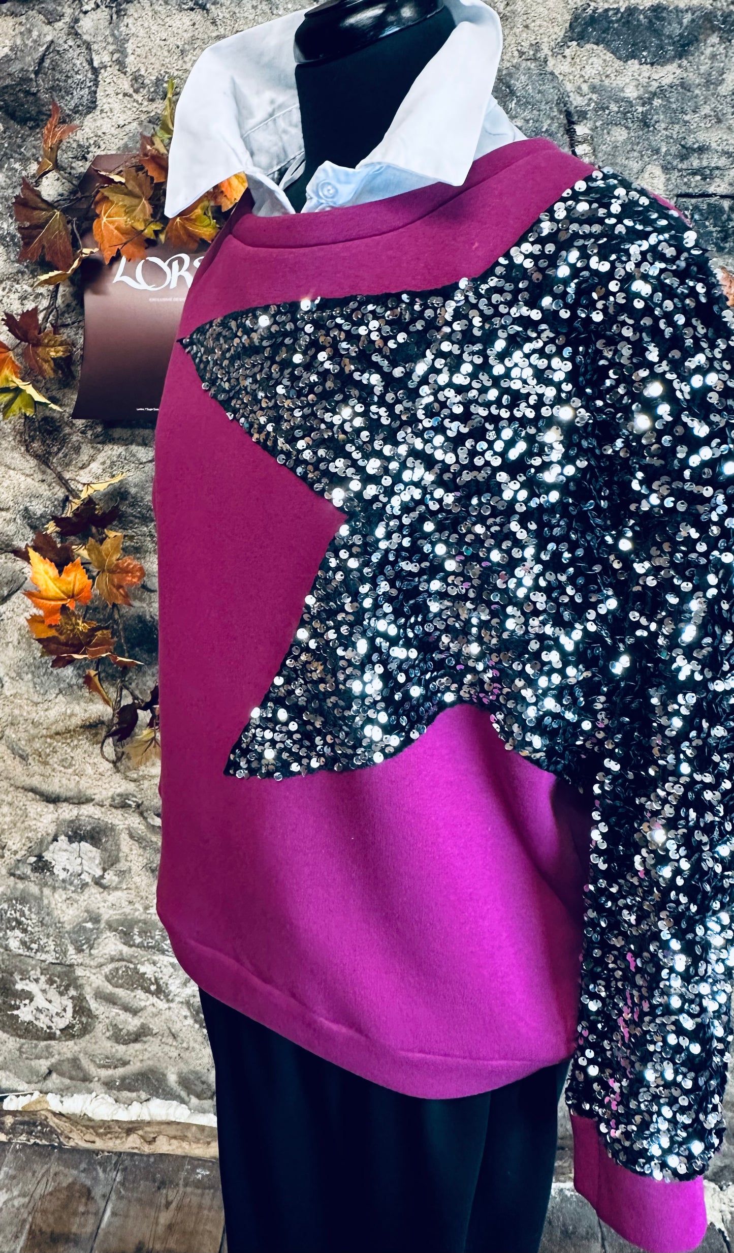 “Noelle “ magenta cosey Italian sequin star sweatshirt