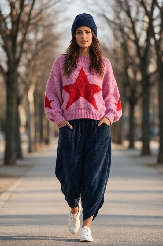 “Bowie “ fuchsia pink and cherry red star Italian supersoft knit
