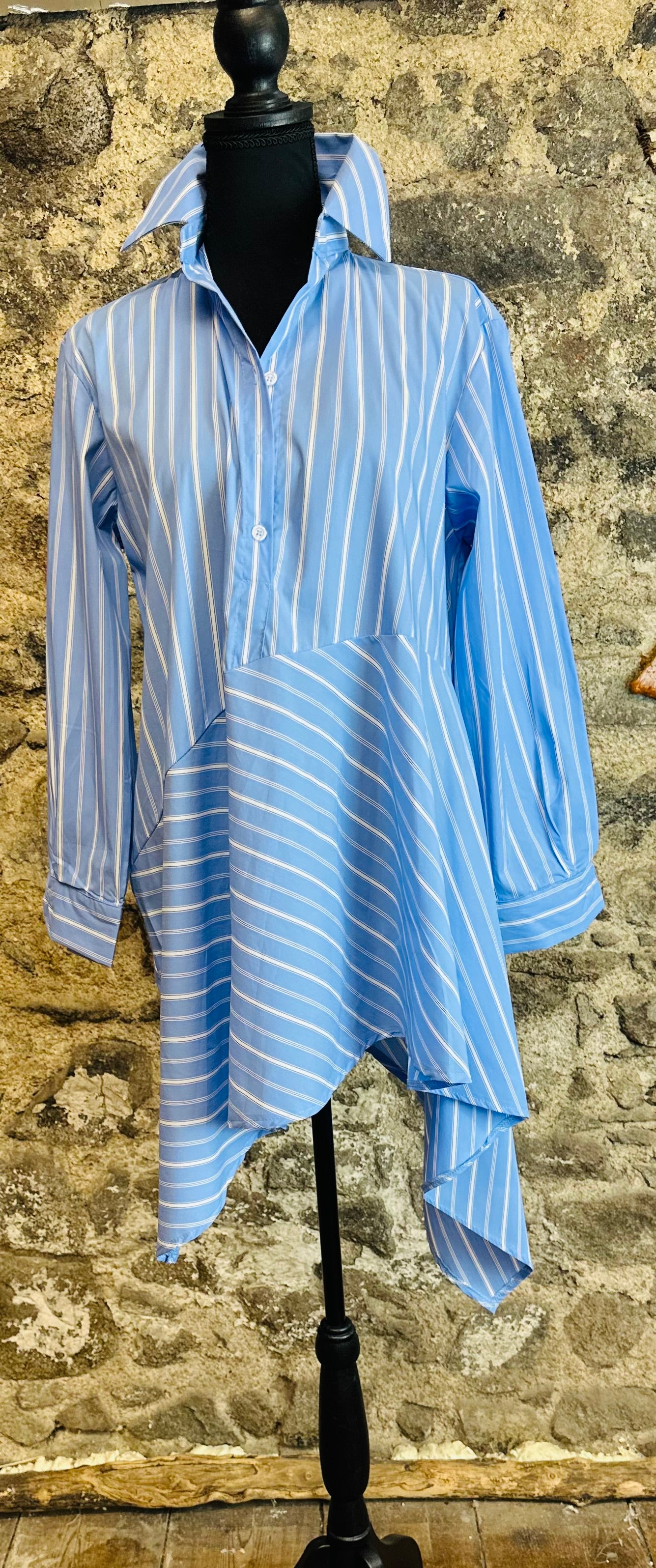 “Sofia “ sky blue Italian pinstriped asymmetric dress shirt