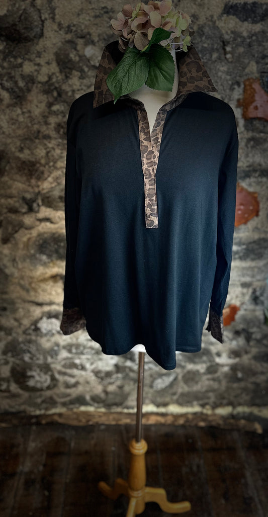 “Lou Lou “ jet black collared animal print Italian shirt