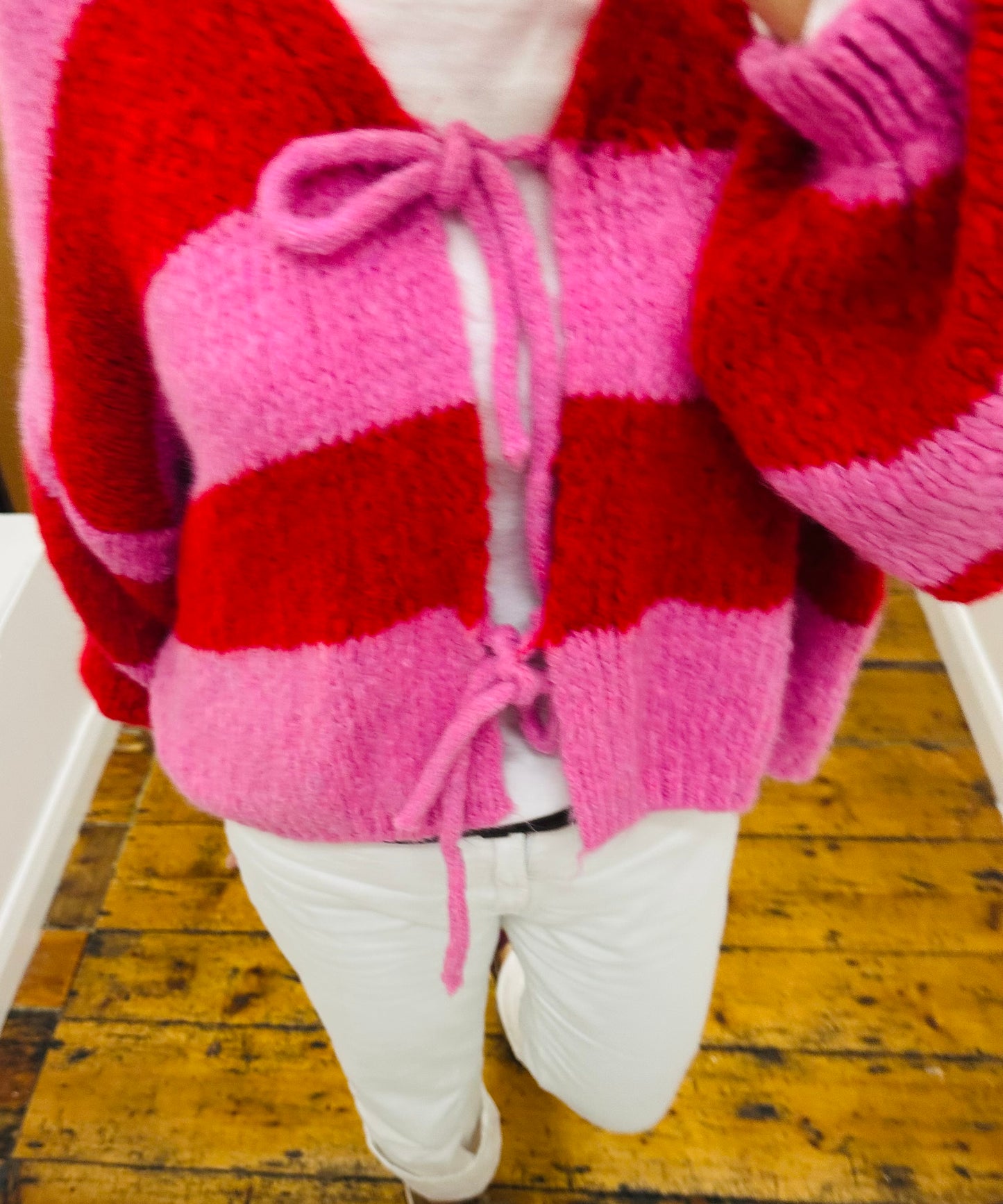 “Safia” pink and red stripe cosey cardi
