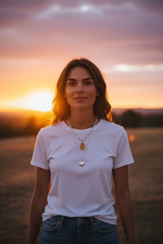 Silver plated drop heart double piece amber stone neckpiece
