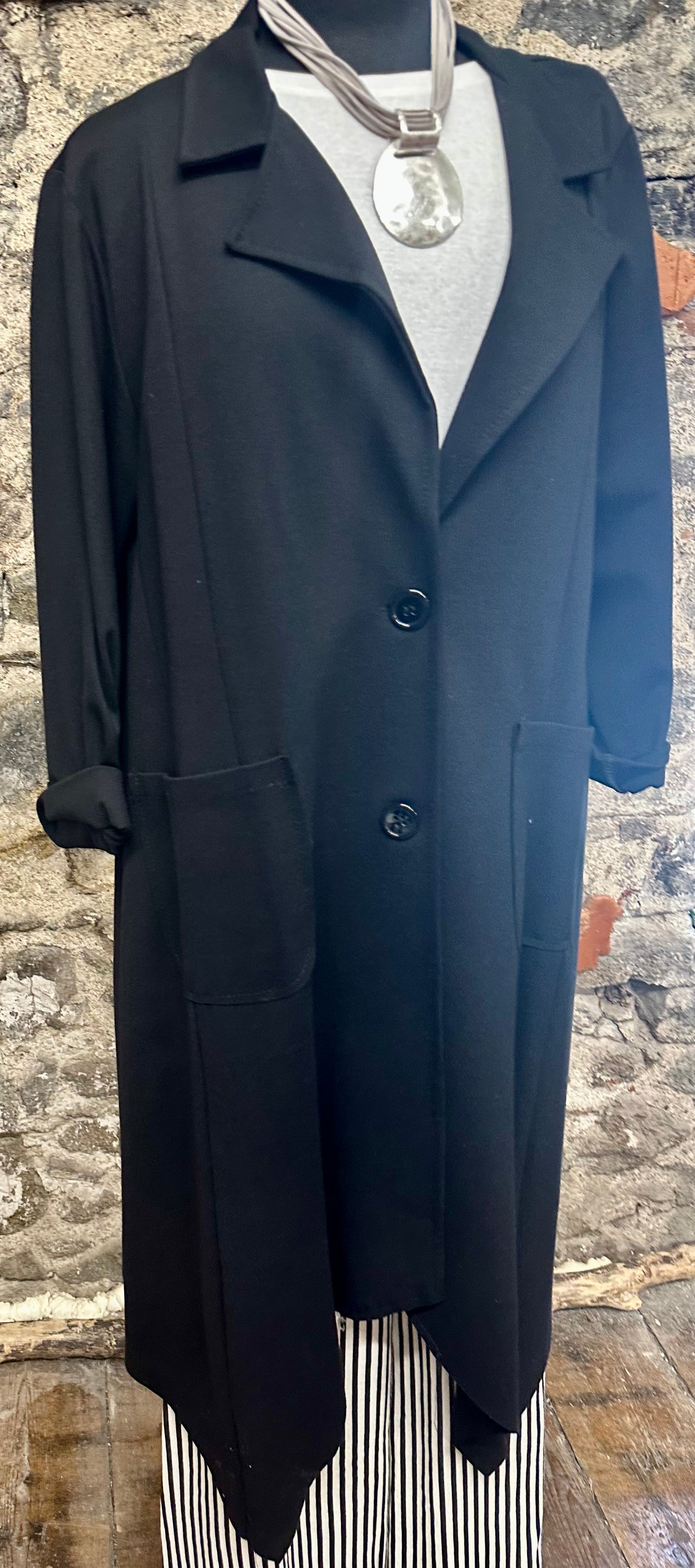 “Lacey “ Italian irregular hem jacket ebony black