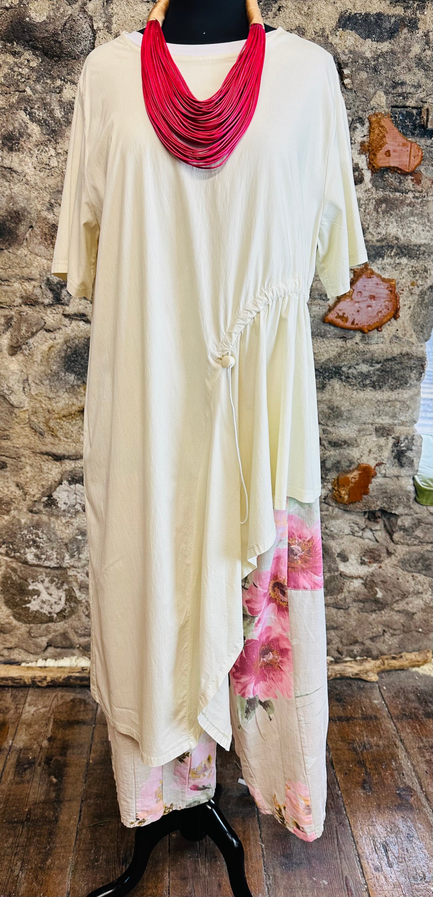 “Perri “ cream asymmetrical tunic dress with adjustable toggle