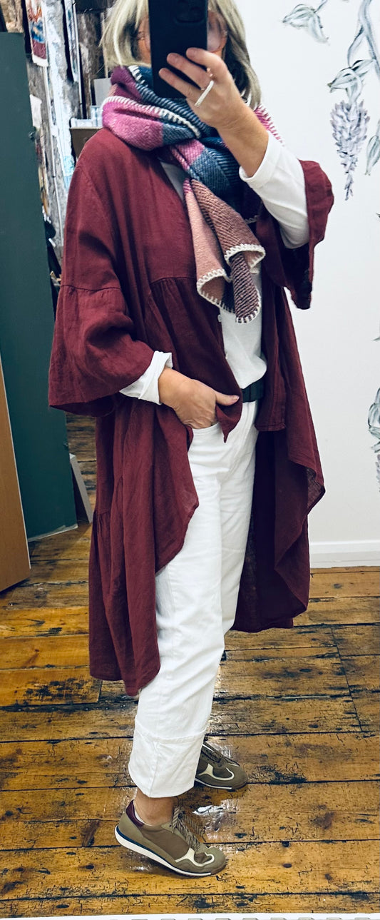 “Renee” Bordeaux Italian linen hi lo dress shirt