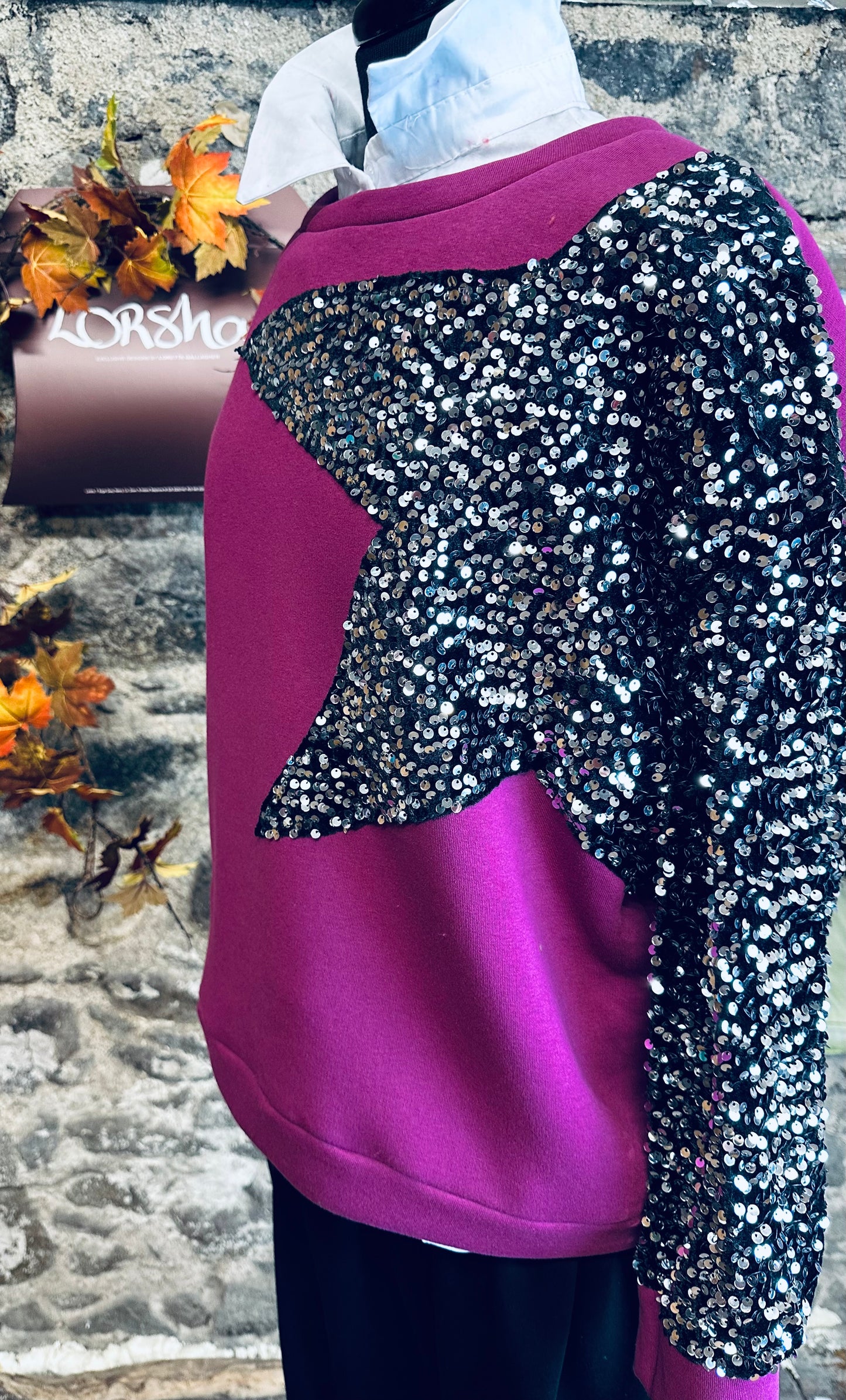 “Noelle “ magenta cosey Italian sequin star sweatshirt