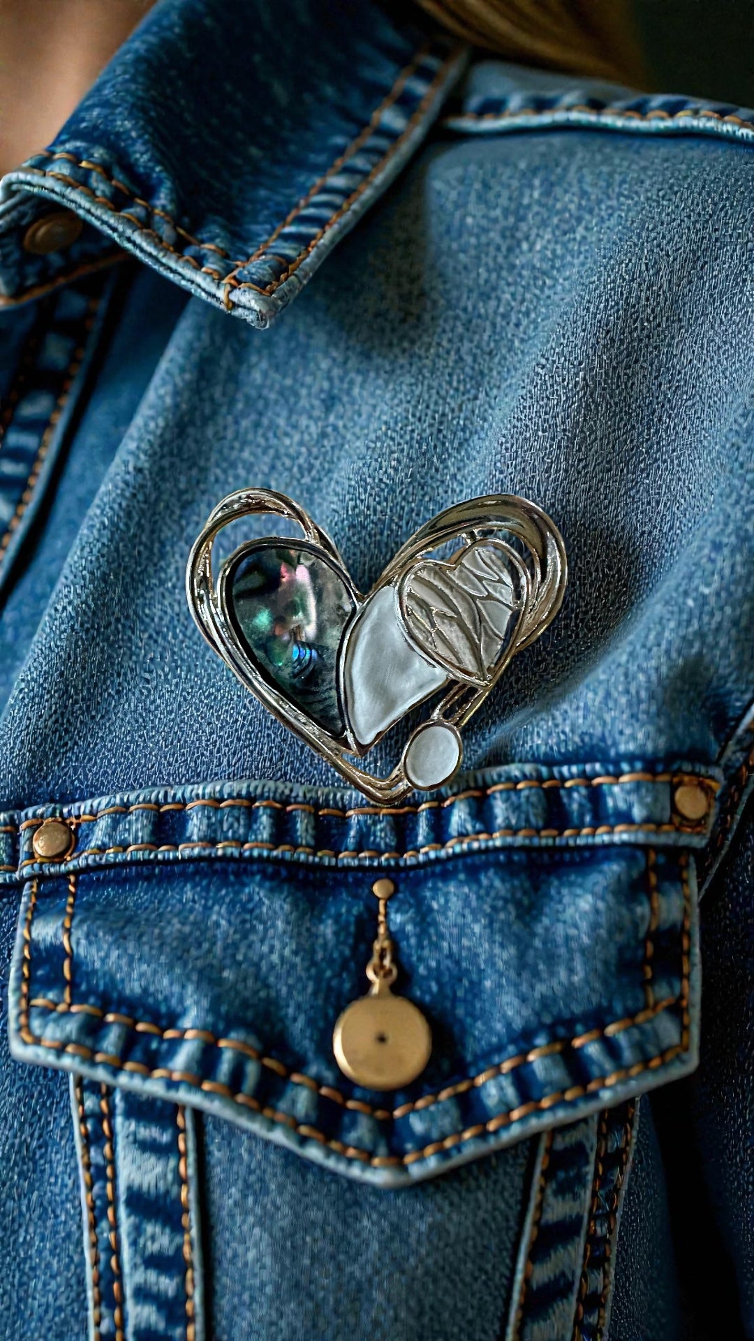 Stone and silver magnetic heart brooch