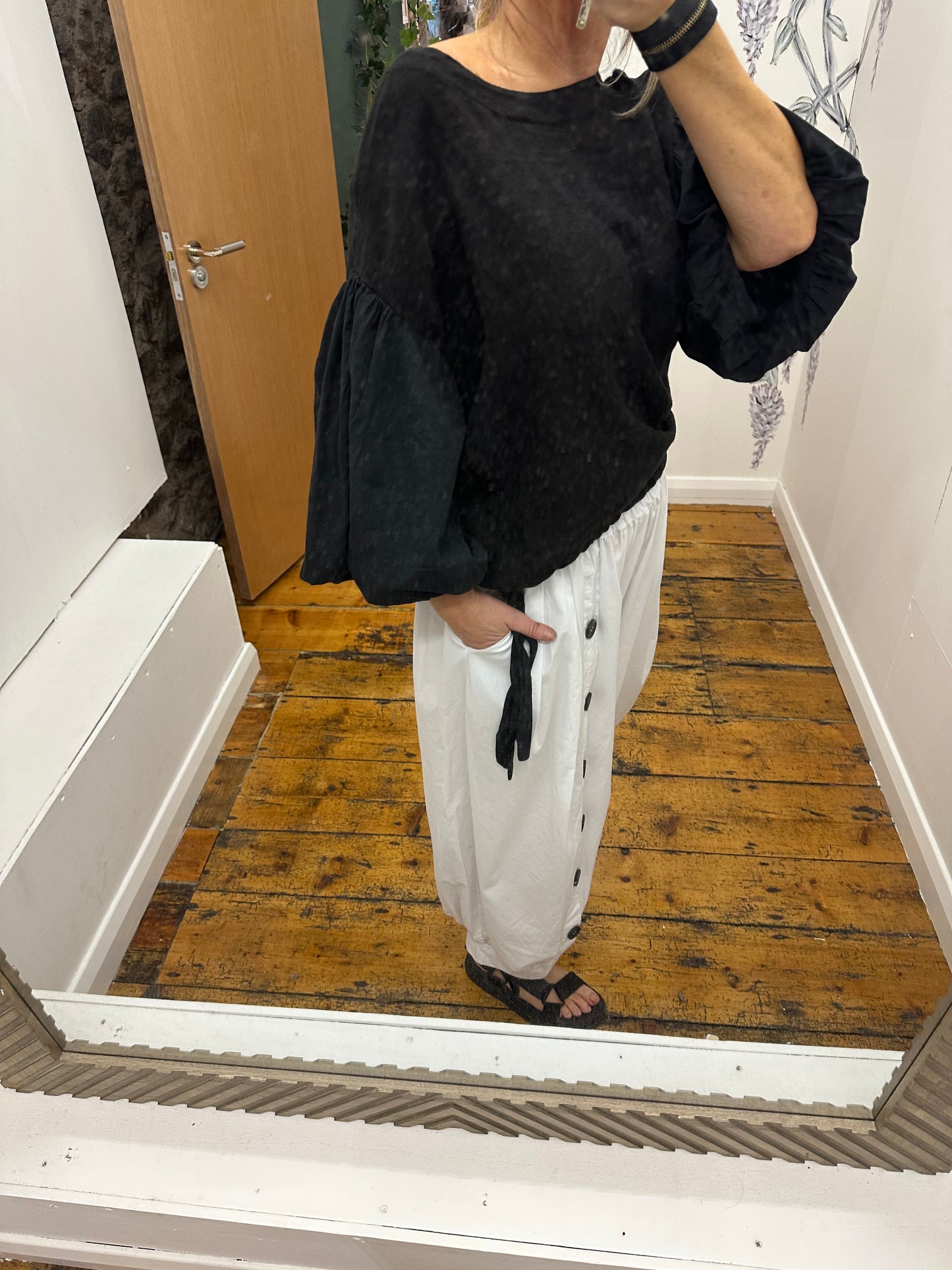 “Petra “ black linen cotton sleeve Italian blouse