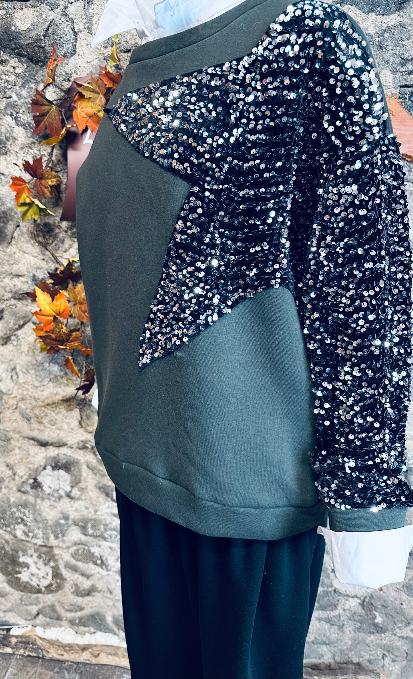 “Noelle” kaki super soft Italian sequin star sweatshirt