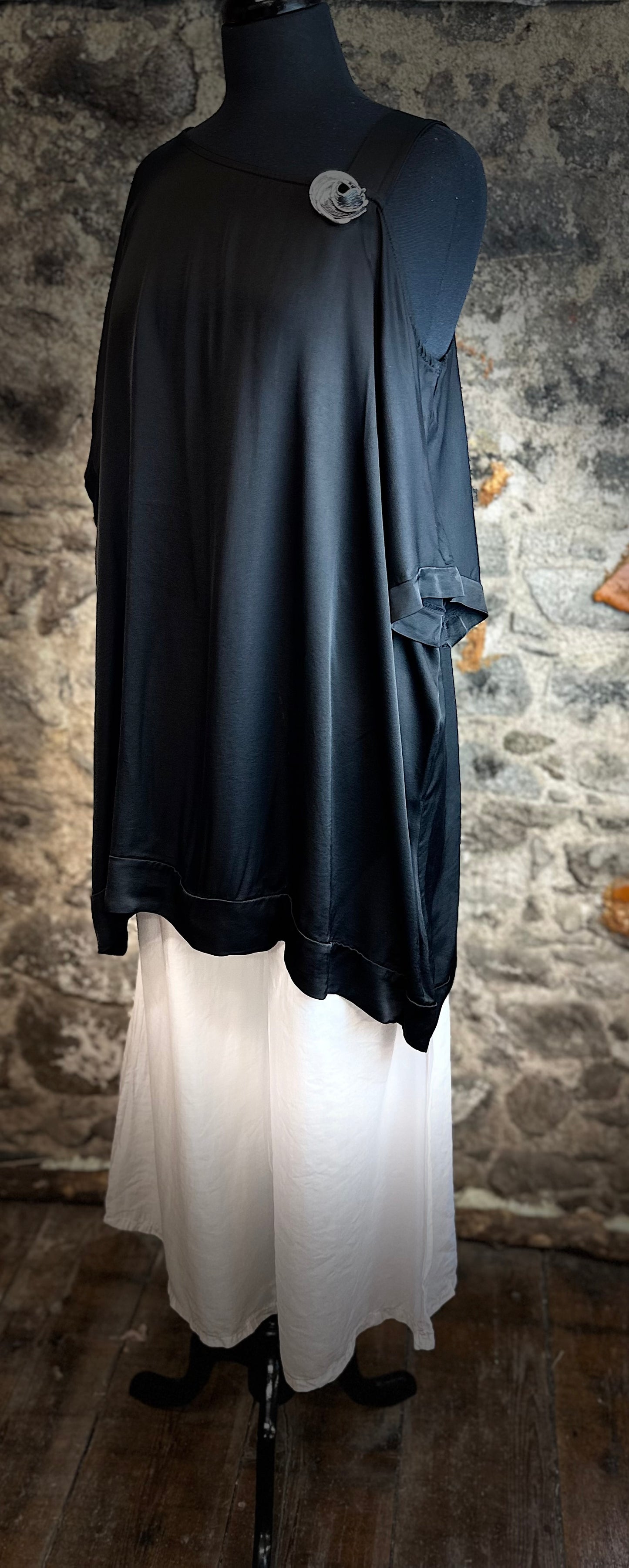 “Clara “ ebony satin feel Italian asymmetric cold shoulder tunic