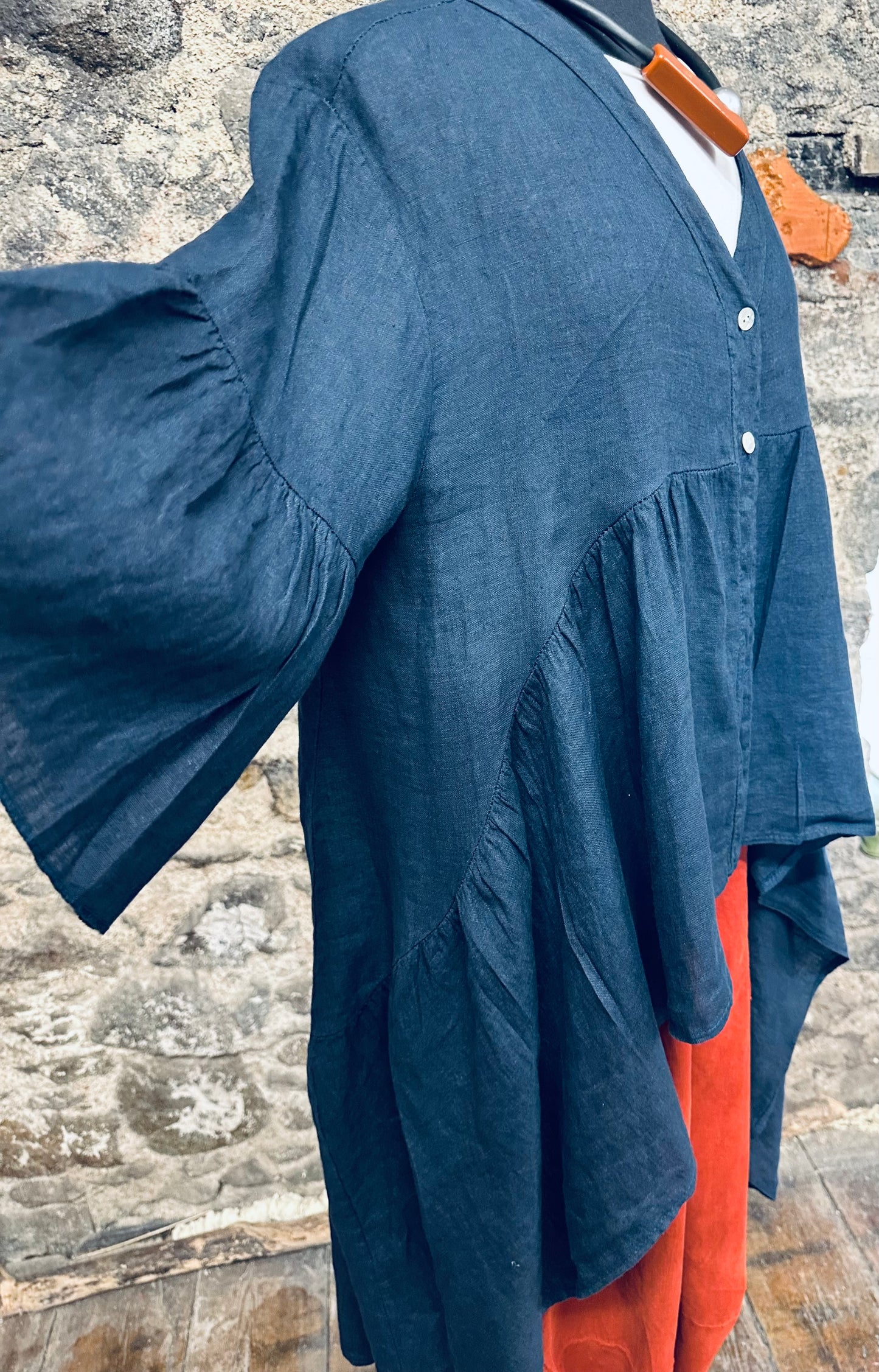 “Renee “ Italian linen indigo hi lo dress shirt