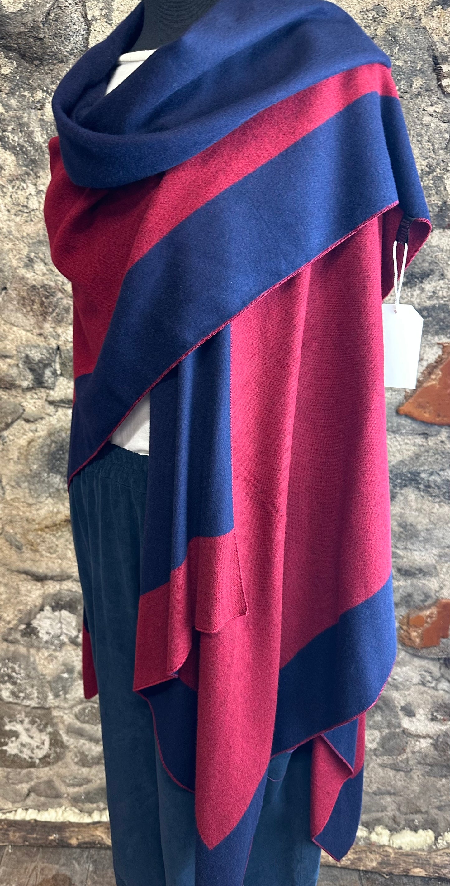 “Roberta “ wine and navy reversible fine wool mix wrap