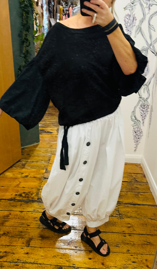 “Petra “ black linen cotton sleeve Italian blouse