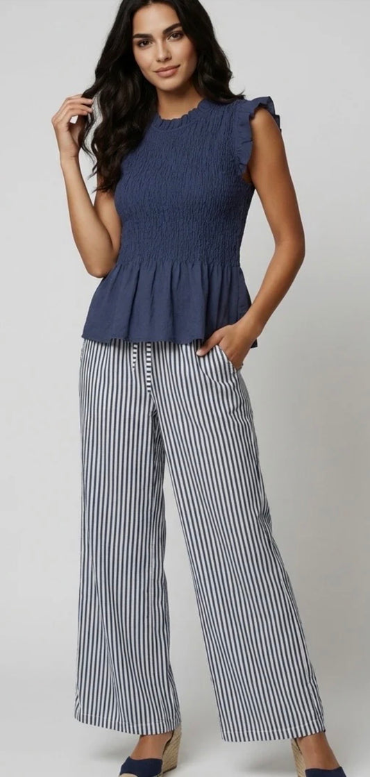 “Sandie” navy and white pinstriped Italian linen mix pants