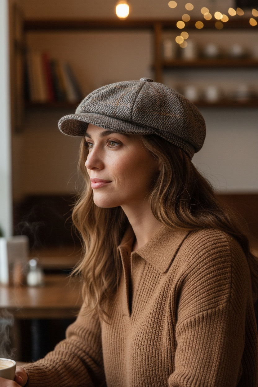 The shelby herring bone tweed celtic bakersboy cap grey and chocolate