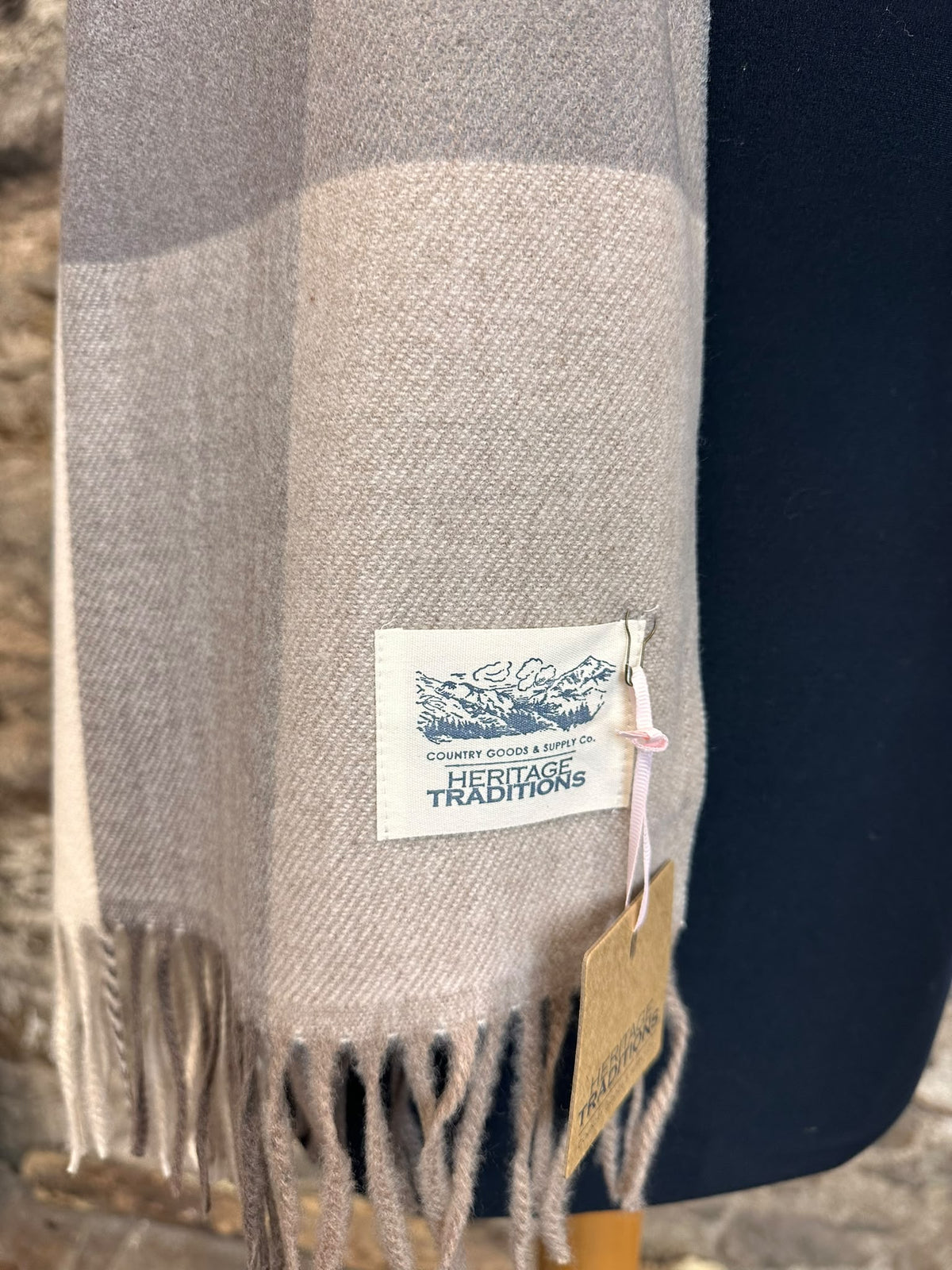 Camel and soft grey heritage plaid wool wrap