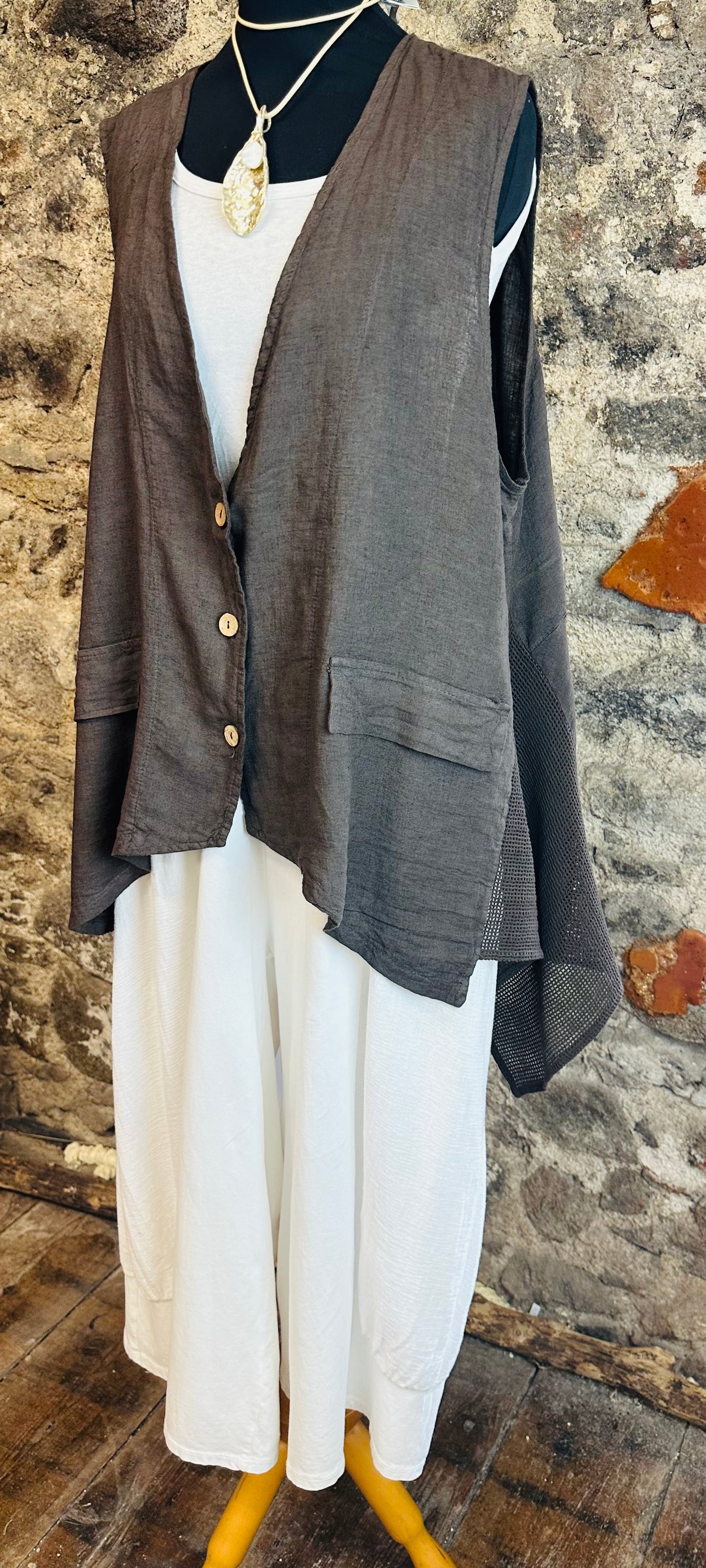 “Daisy “ chocolate linen Italian asymmetric waistcoat