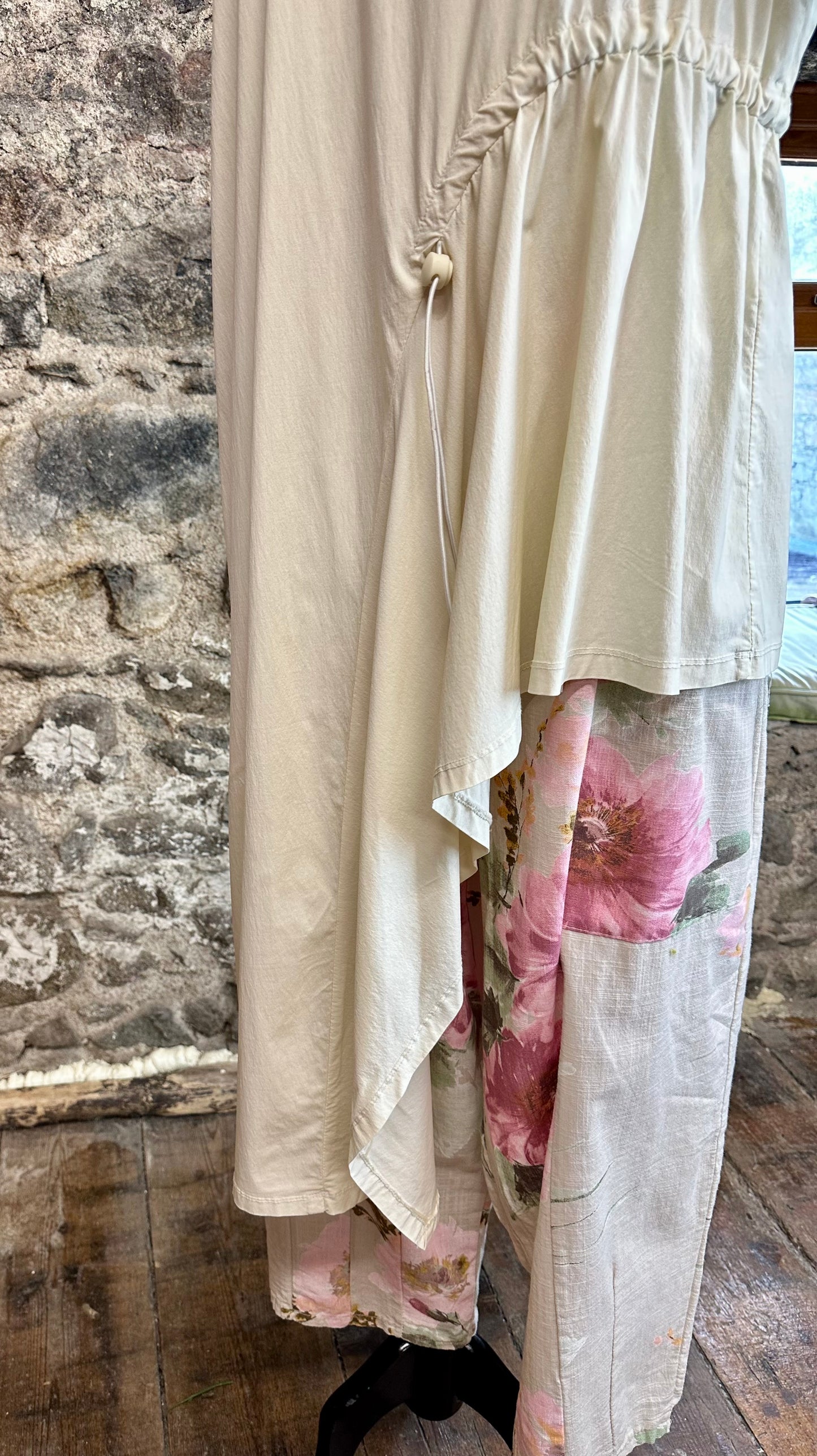 “Perri “ cream asymmetrical tunic dress with adjustable toggle