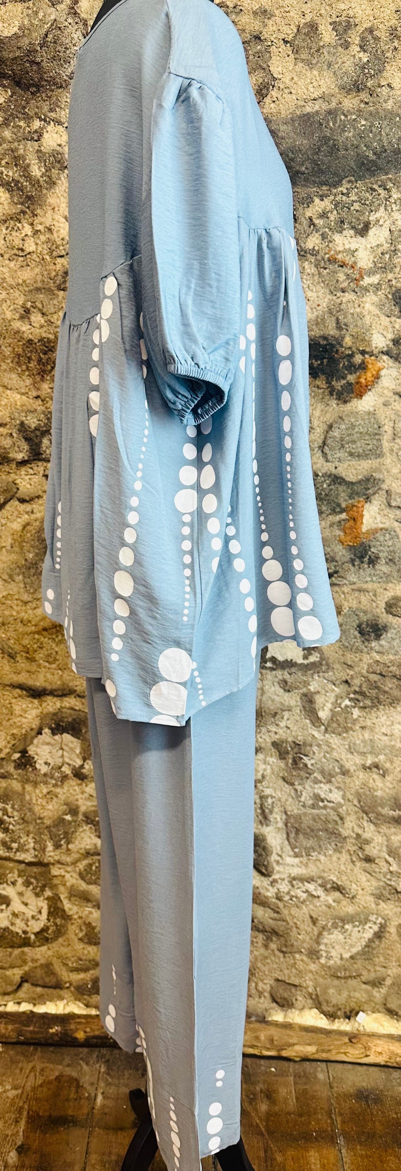 “Davina “ cloudy blue Italian gathered empire line tunic
