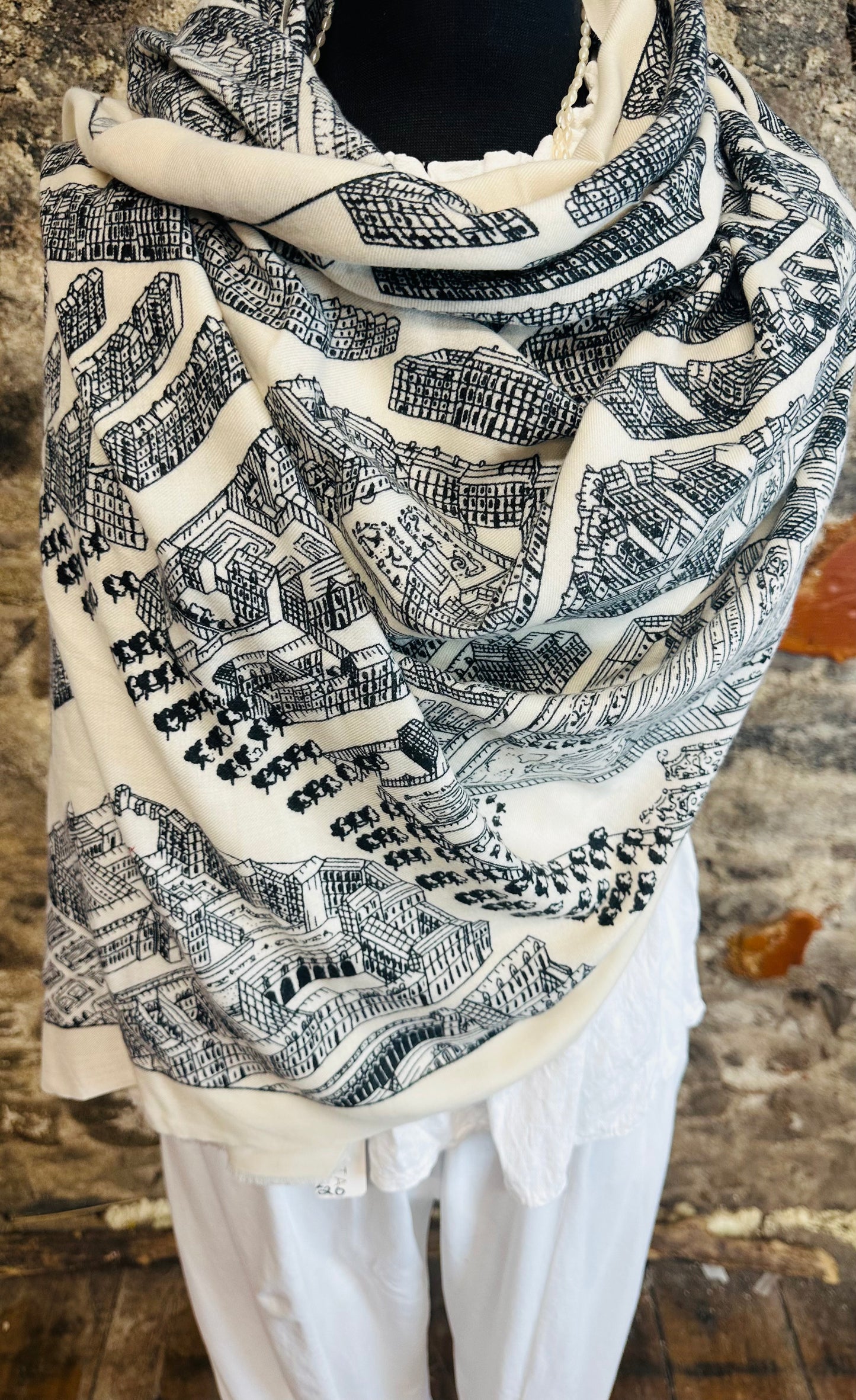 White and black architectural drawing wrap