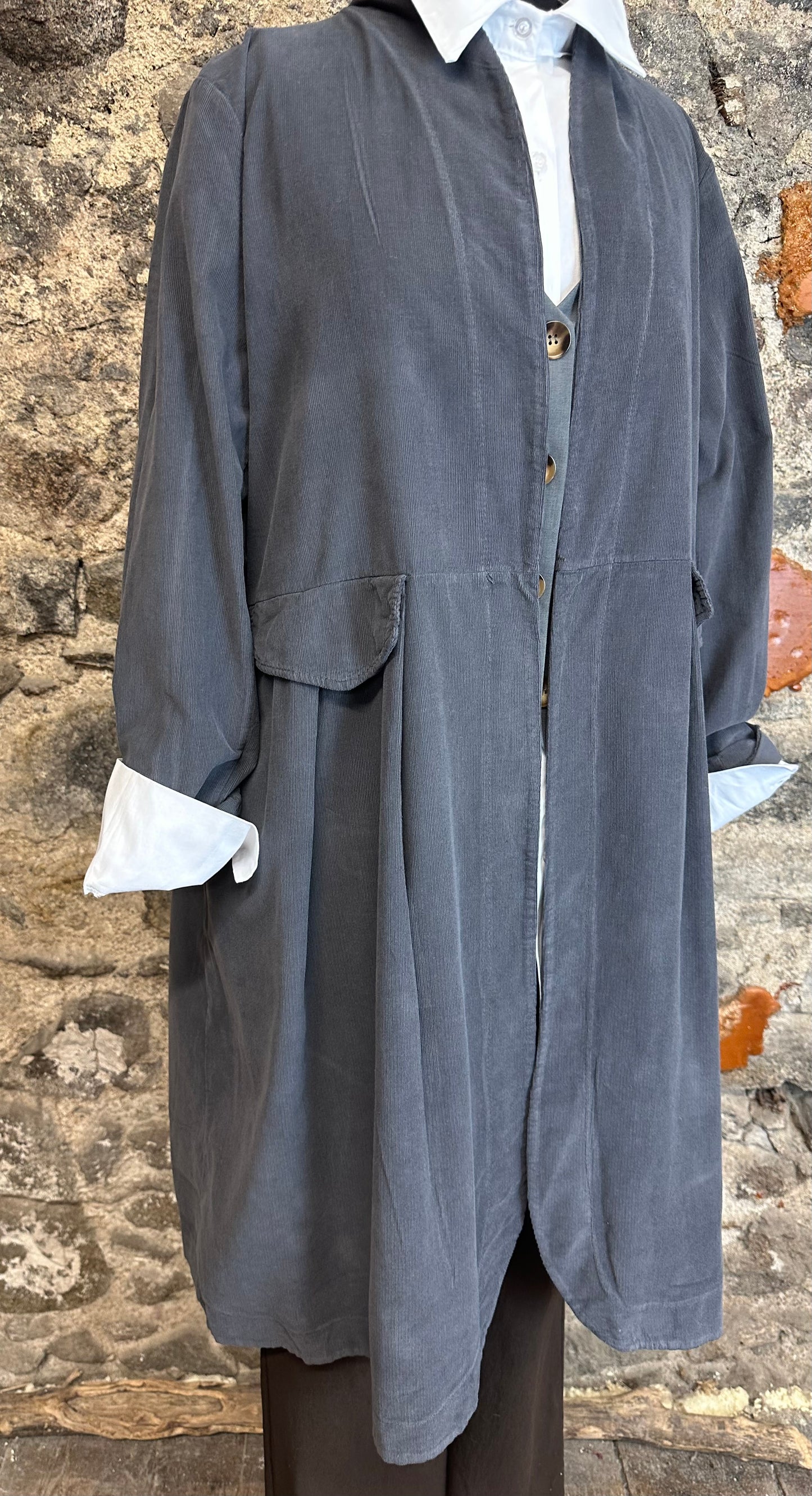 “Terri “ graphite Italian pin corduroy dress coat