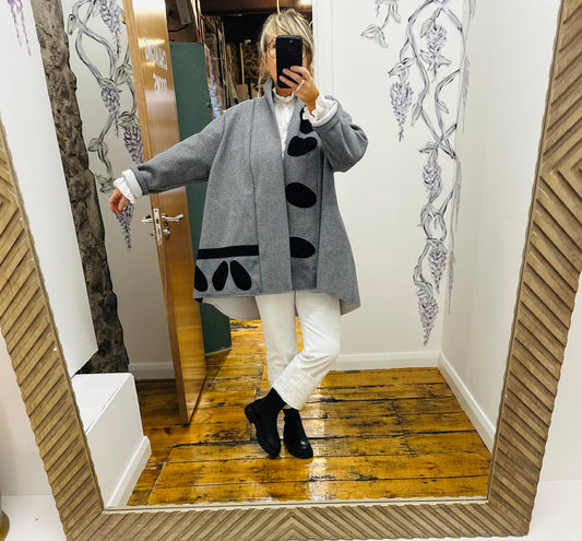 “Vivion “ pebble Italian swing coat marl grey and black wool mix coat