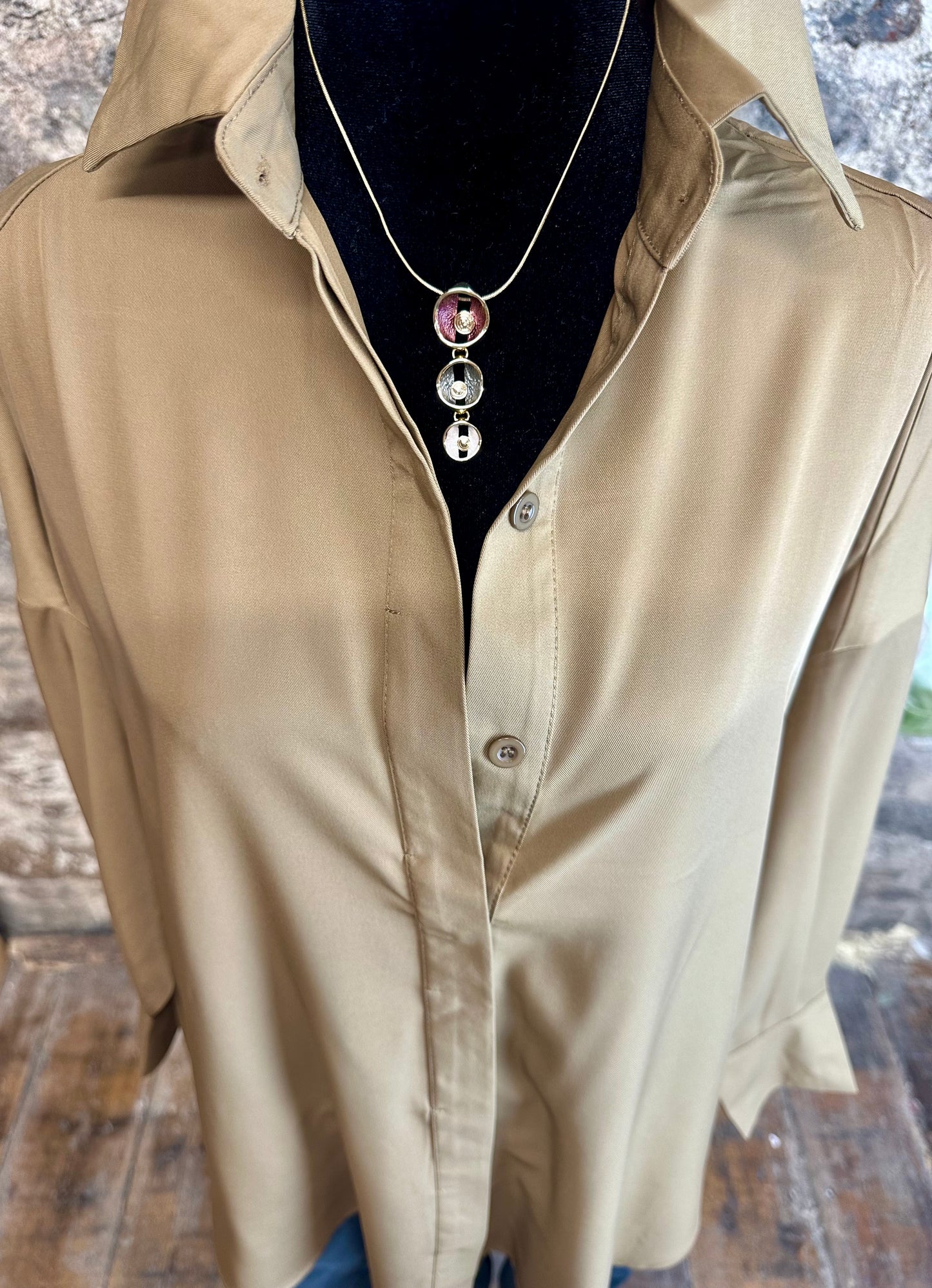 “Mabel “ Italian tan hi lo dress shirt