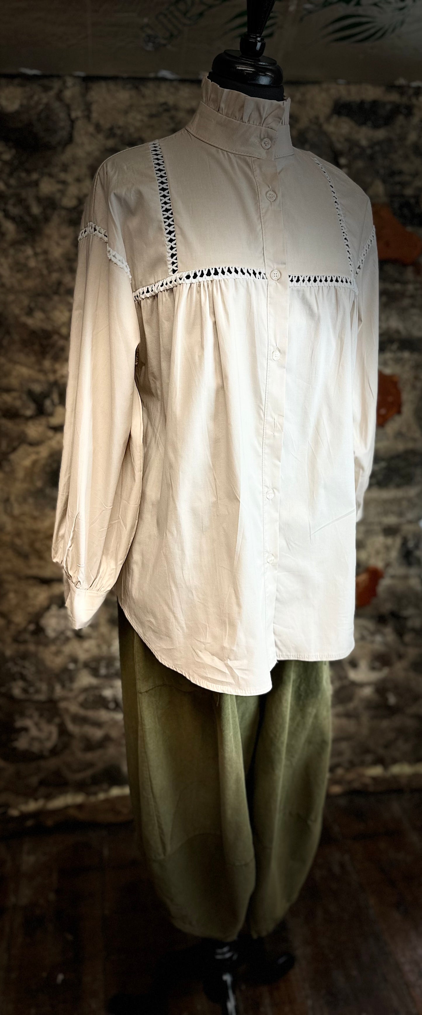 “Annabelle” pilgrim mocha Italian ruffle shirt
