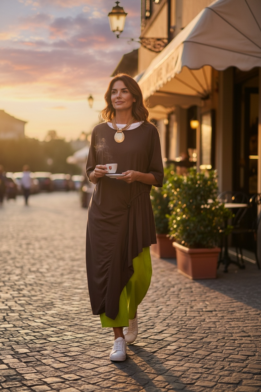 “Perri “ asymmetric adjustable tog Italian chocolate tunic