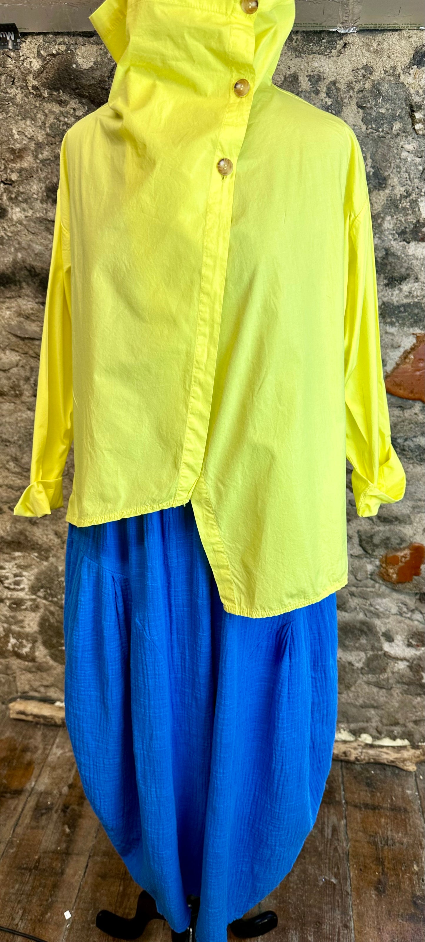 “Suzie “ sunshine yellow Italian funnel neck asymmetric cotton jacket