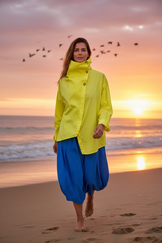 “Suzie “ sunshine yellow Italian funnel neck asymmetric cotton jacket