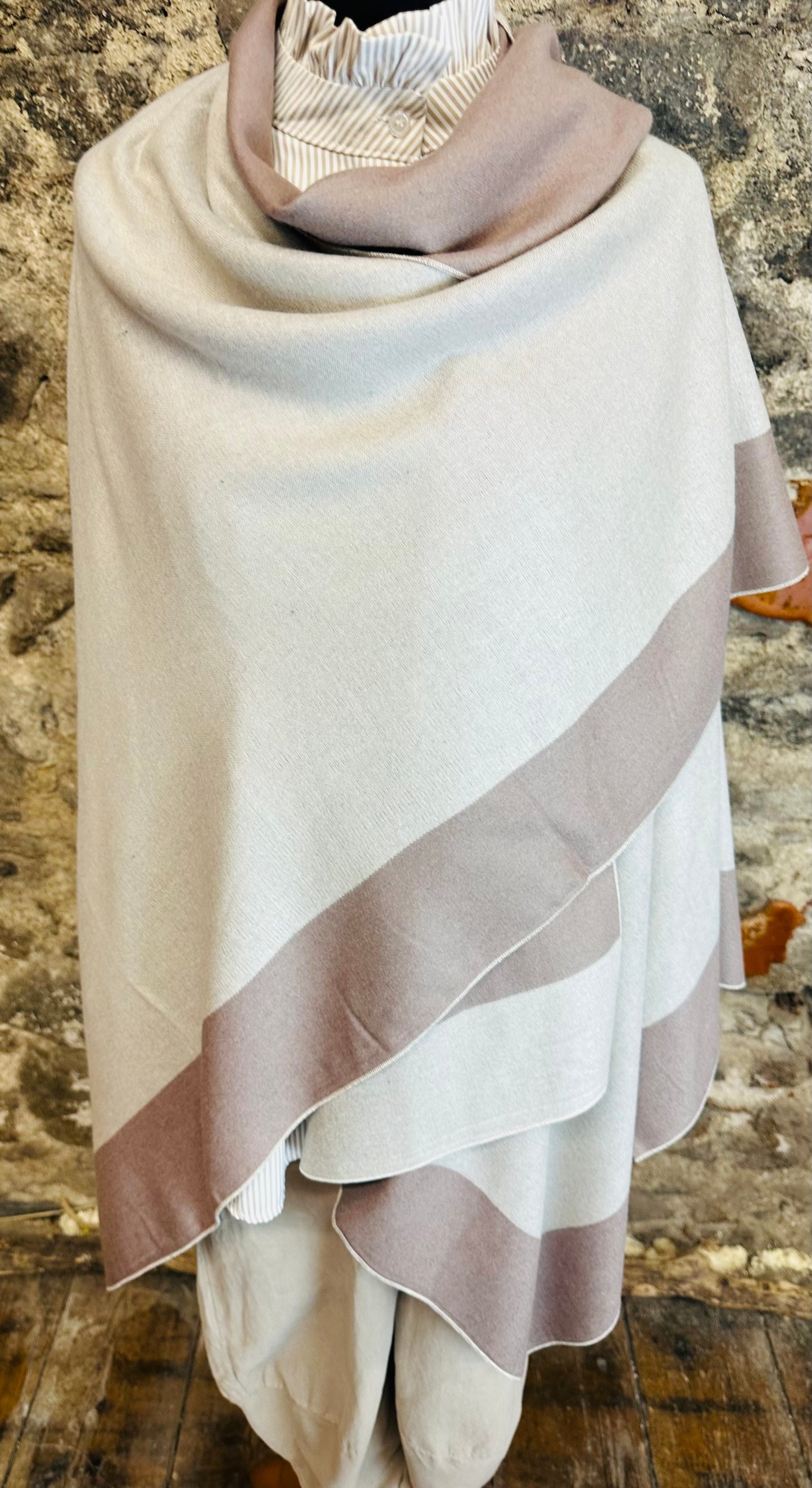 “Roberta” mocha and stone reversible fine wool mix wrap