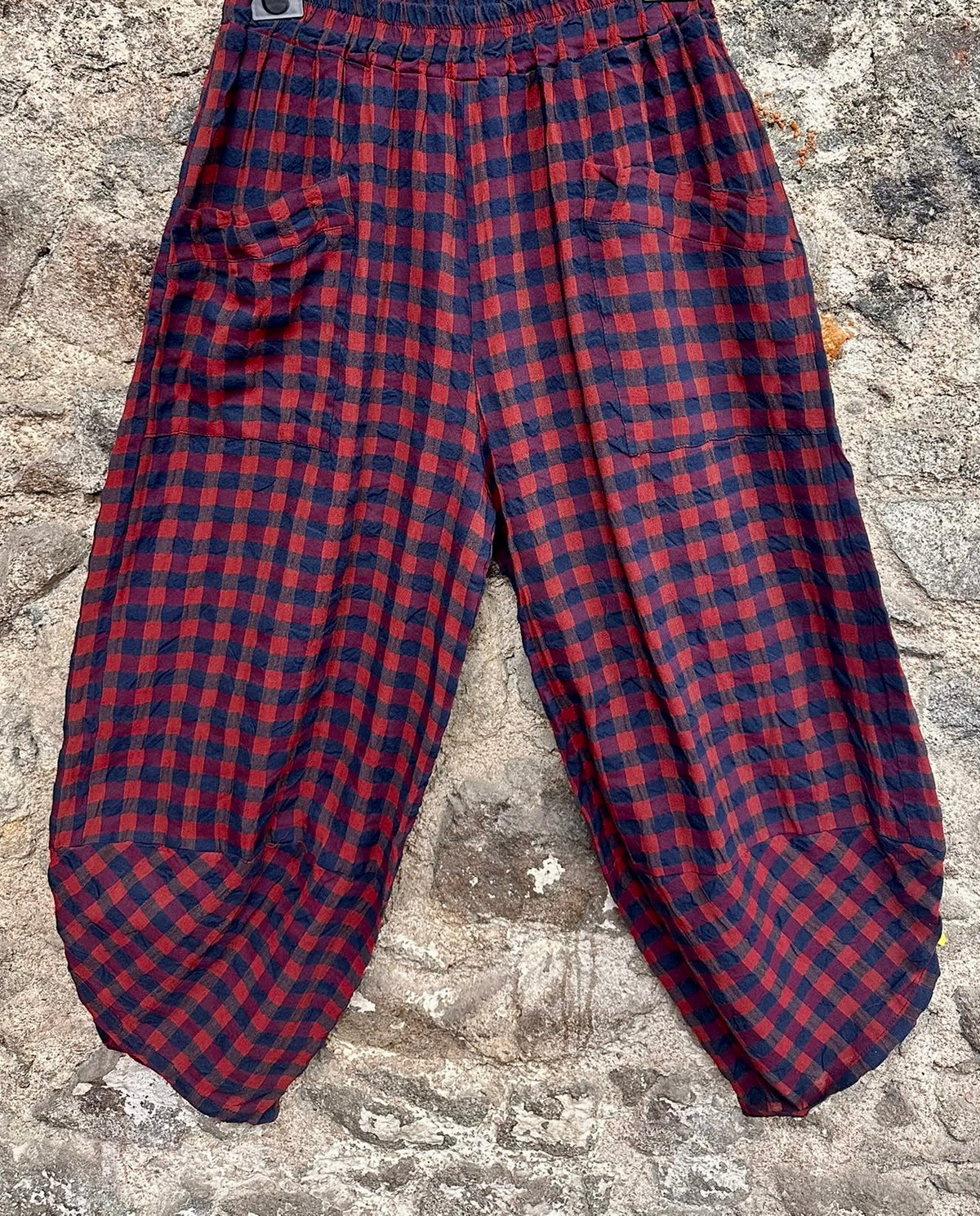 “Riley “ burgundy and navy Italian plaid cocoon pants
