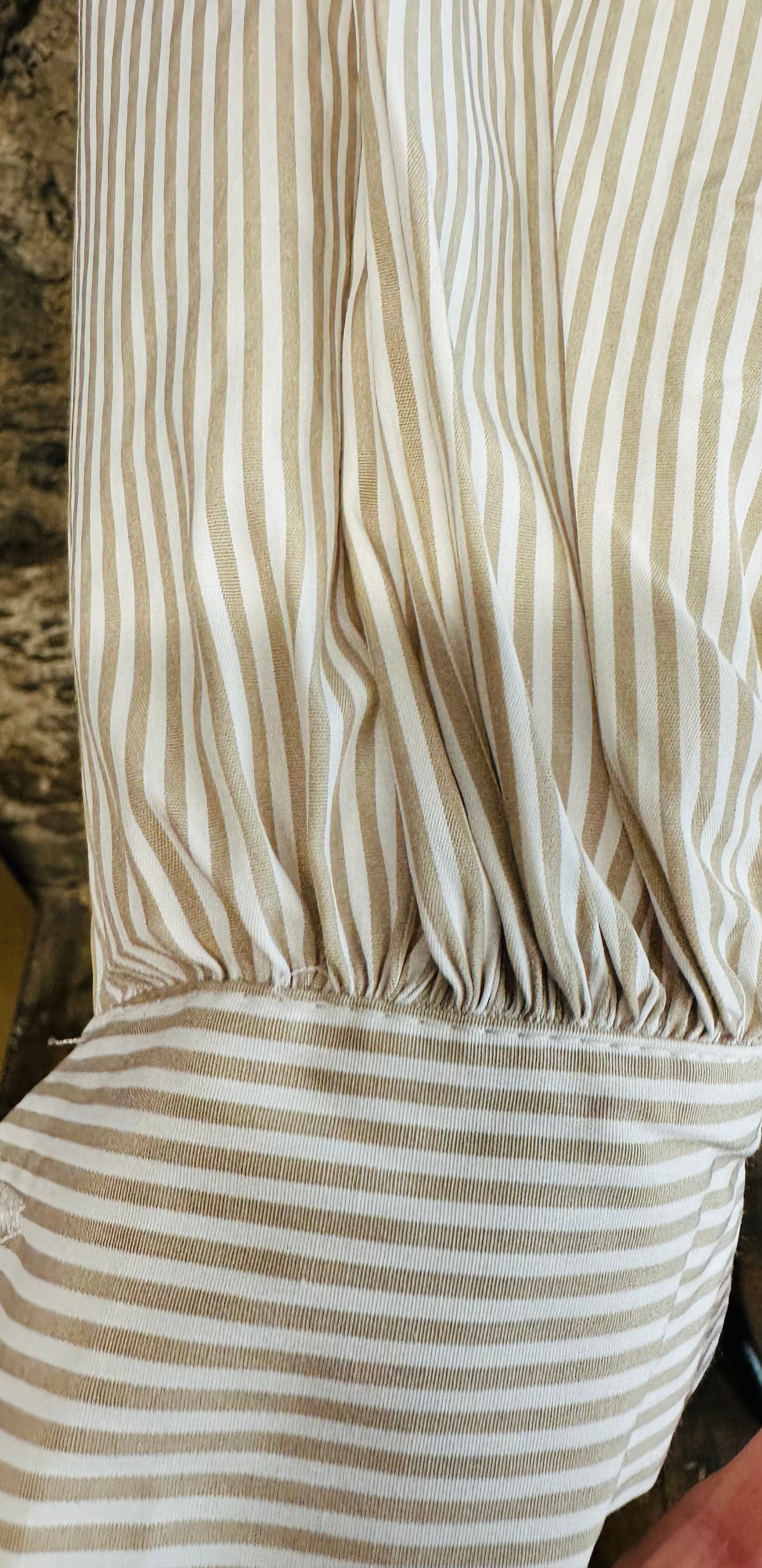 “Annabelle”pinstripe mocha and ivory pilgrim ruffle italain shirt